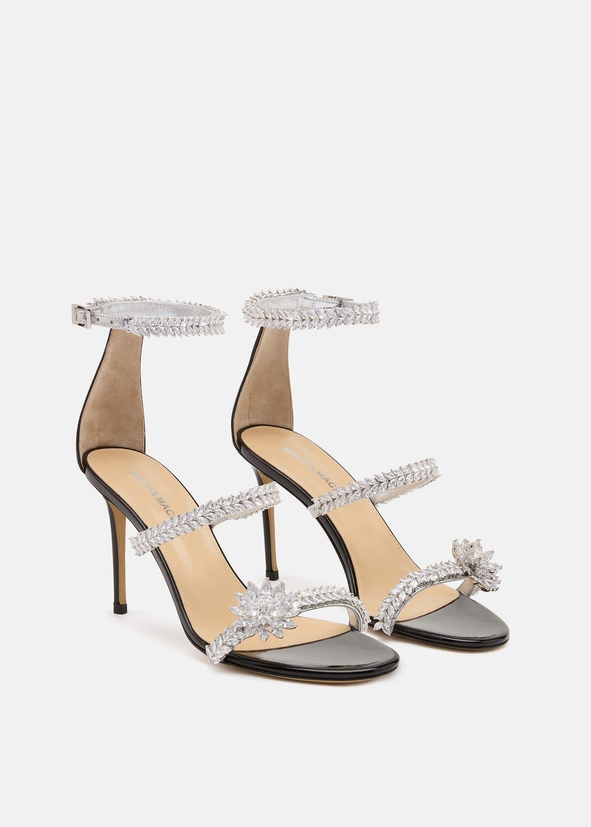 Ravella Black Lotus Flower Sandals – side profile showing lotus flower, crystal, patent leather, black, SimmiUnique