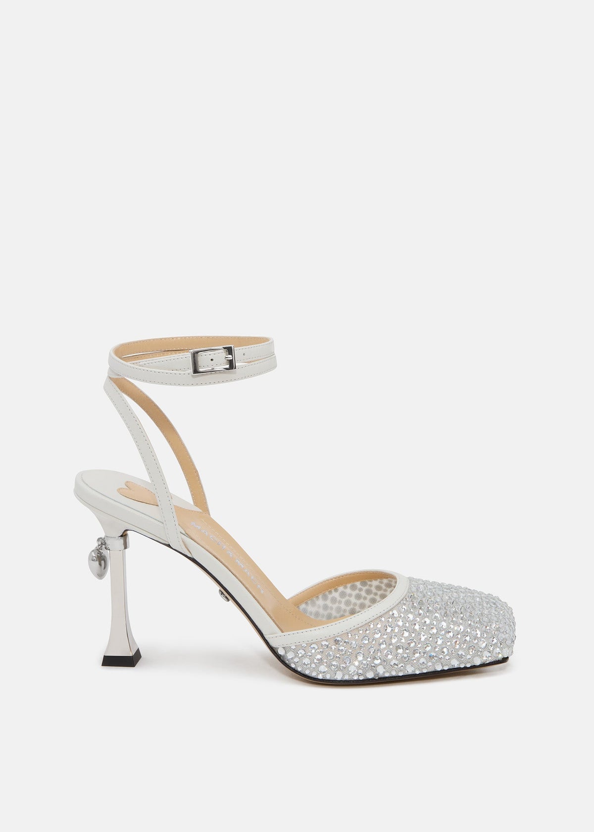Emmeline White Crystal Shoes – front three-quarter view showing crystal, metallic, white, red, SimmiUnique