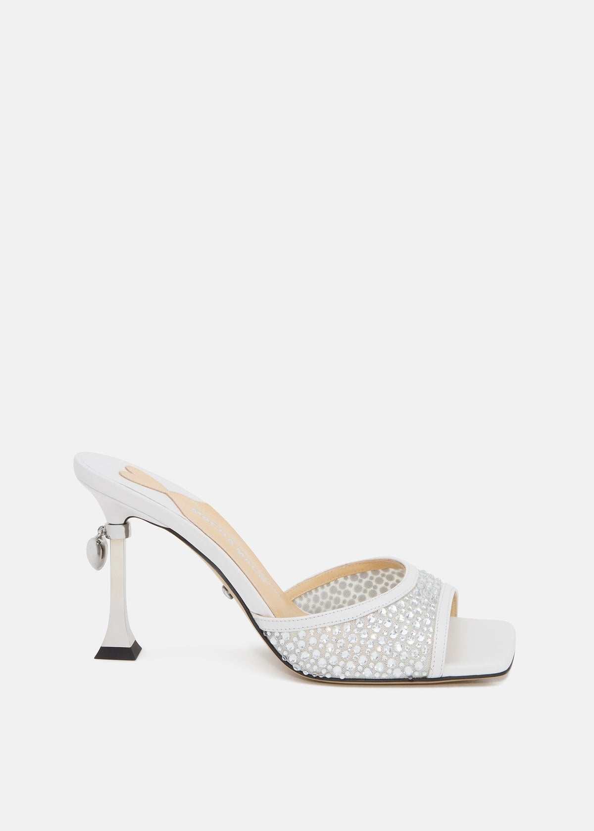 Colette White Crystal Mules – front three-quarter view showing crystal, metallic, white, red, SimmiUnique