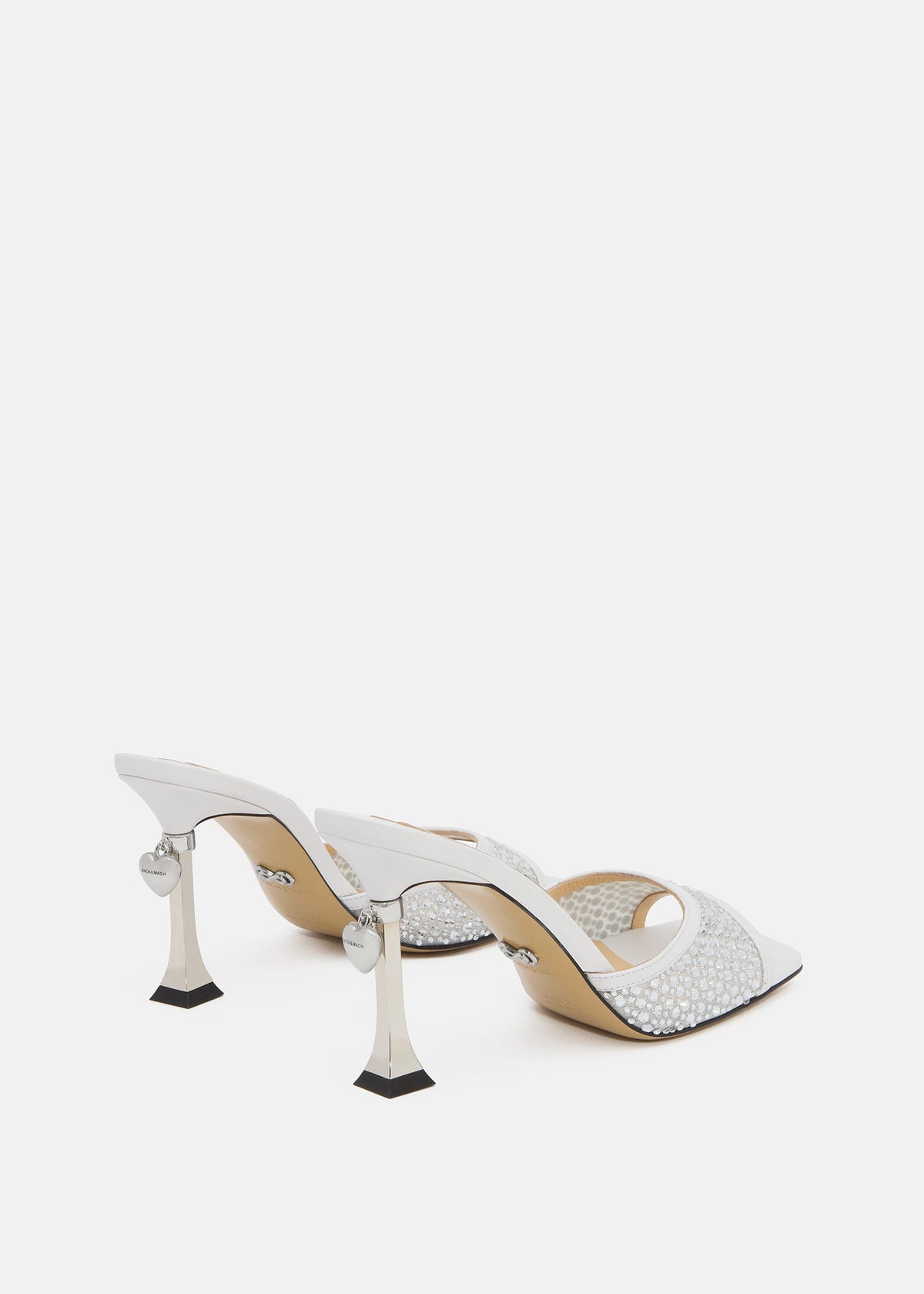 Colette White Crystal Mules – heel view showing crystal, metallic, white, red, SimmiUnique
