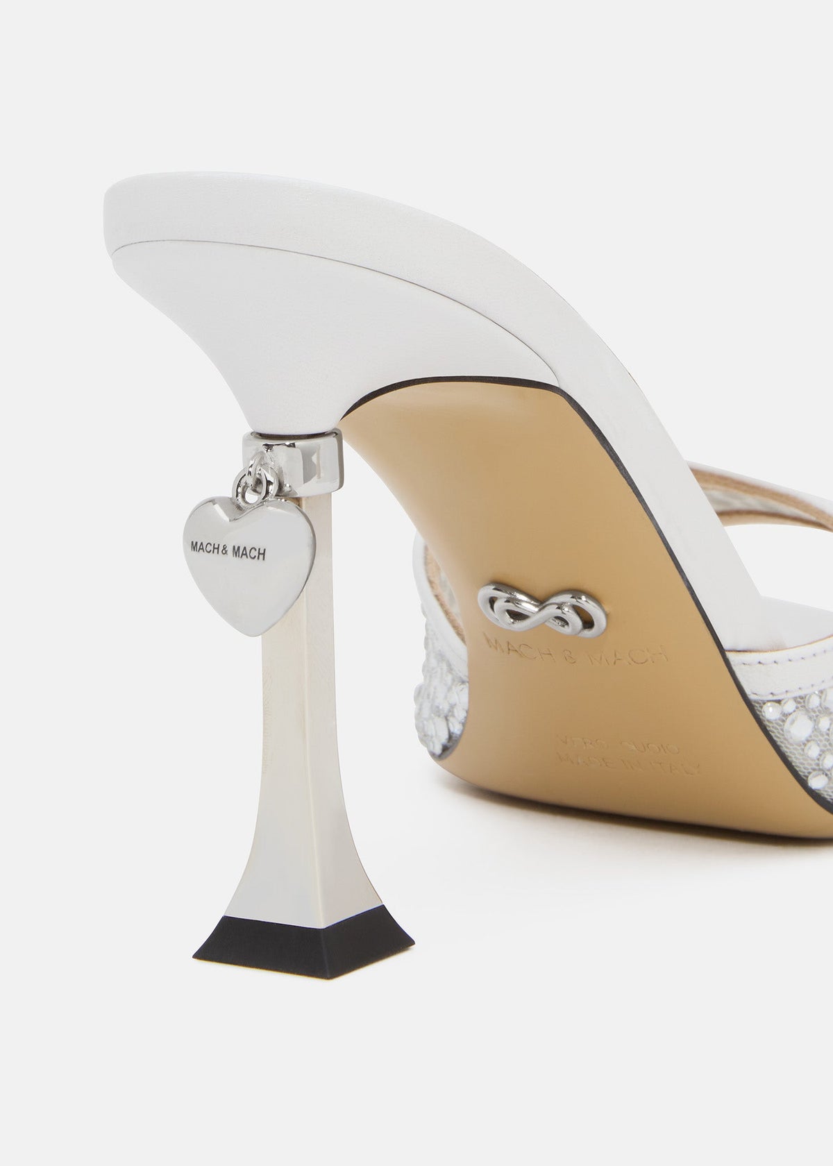 Colette White Crystal Mules – rear view showing crystal, metallic, white, red, SimmiUnique