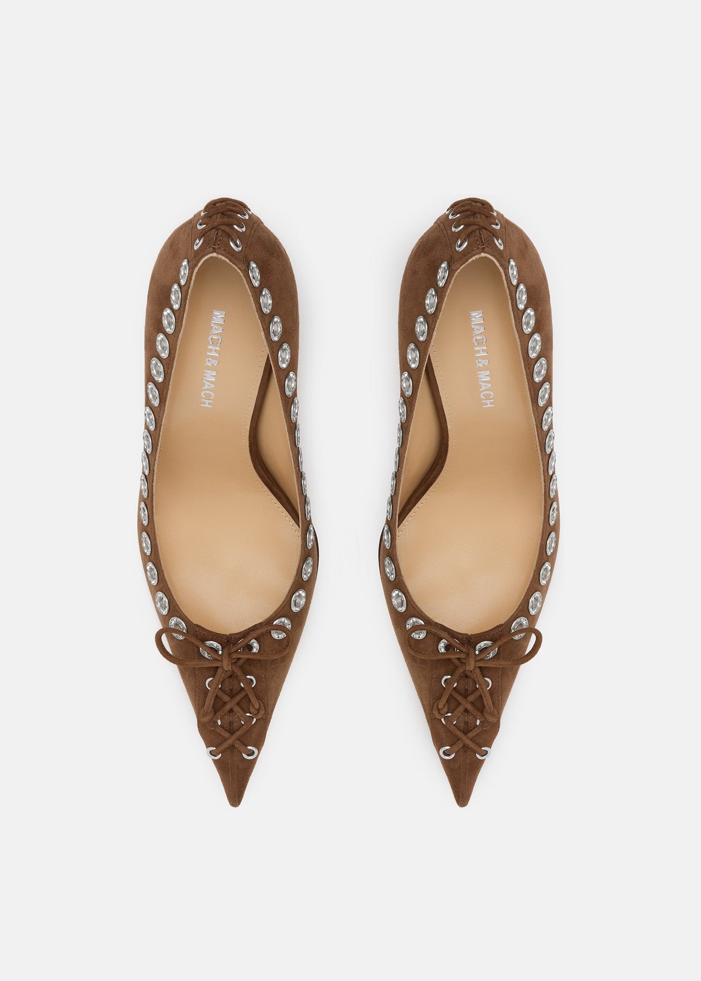 Lisette Dark Brown Crystal Pumps – crystal detail view showing crystal, suede, brown, SimmiUnique