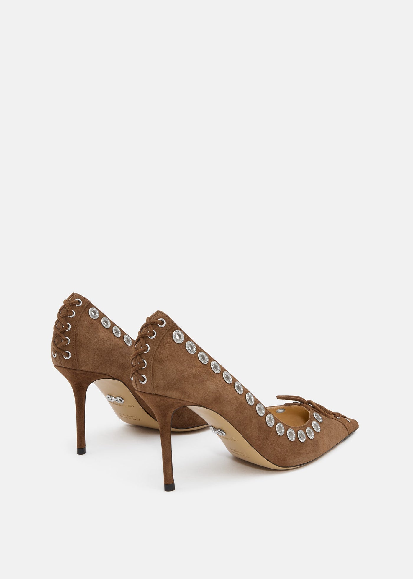 Lisette Dark Brown Crystal Pumps – heel view showing crystal, suede, brown, SimmiUnique