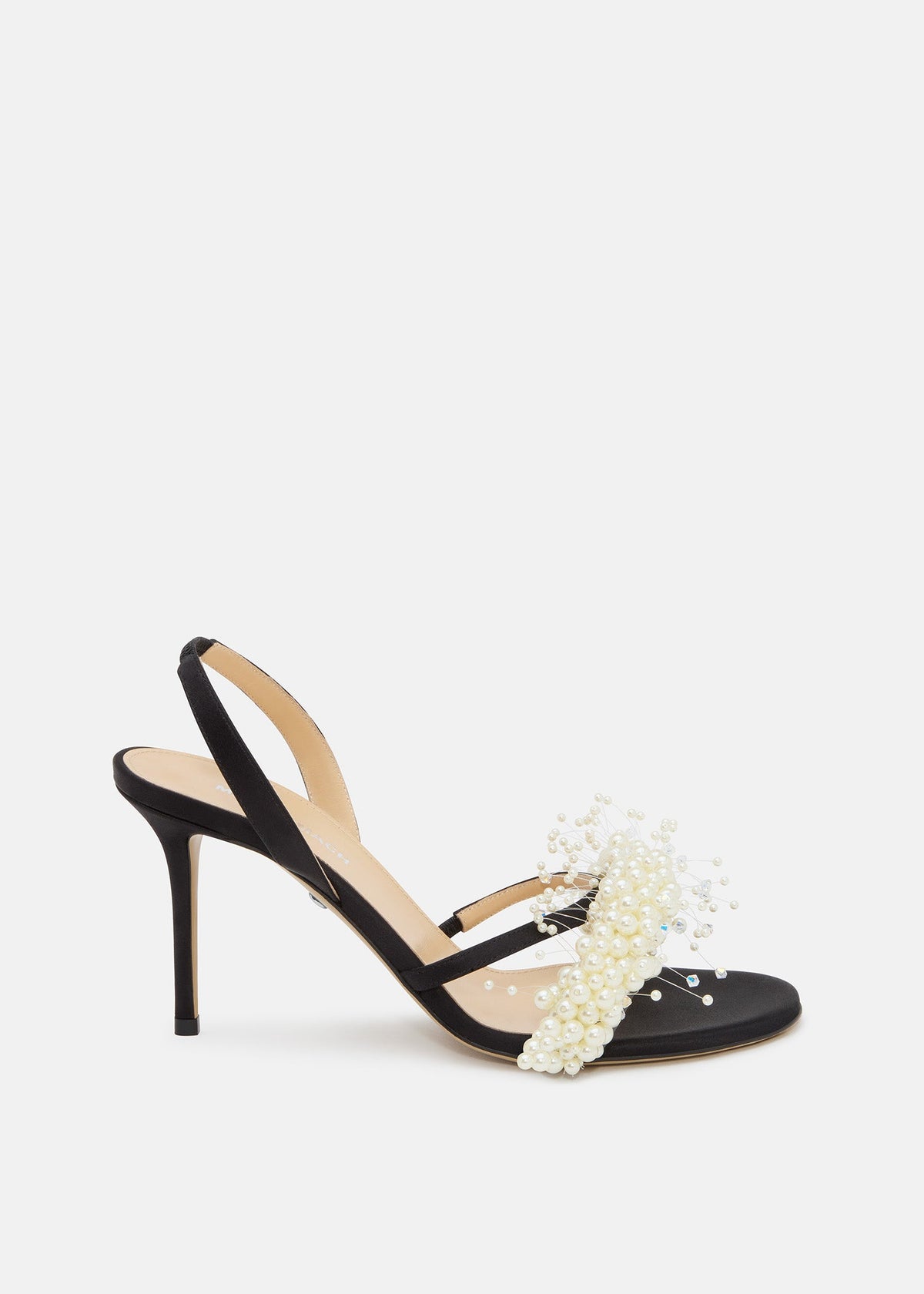 Callista Black Floating Pearl Sandals – front three-quarter view showing floating pearl, satin, white, black, SimmiUnique