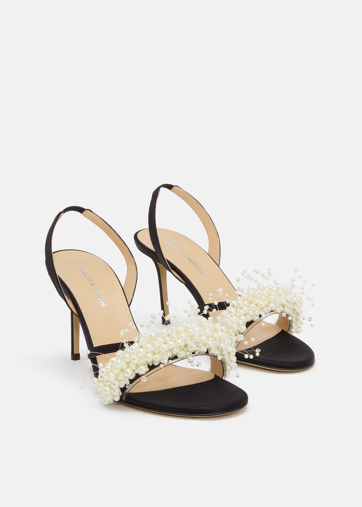 Callista Black Floating Pearl Sandals – side profile showing floating pearl, satin, white, black, SimmiUnique