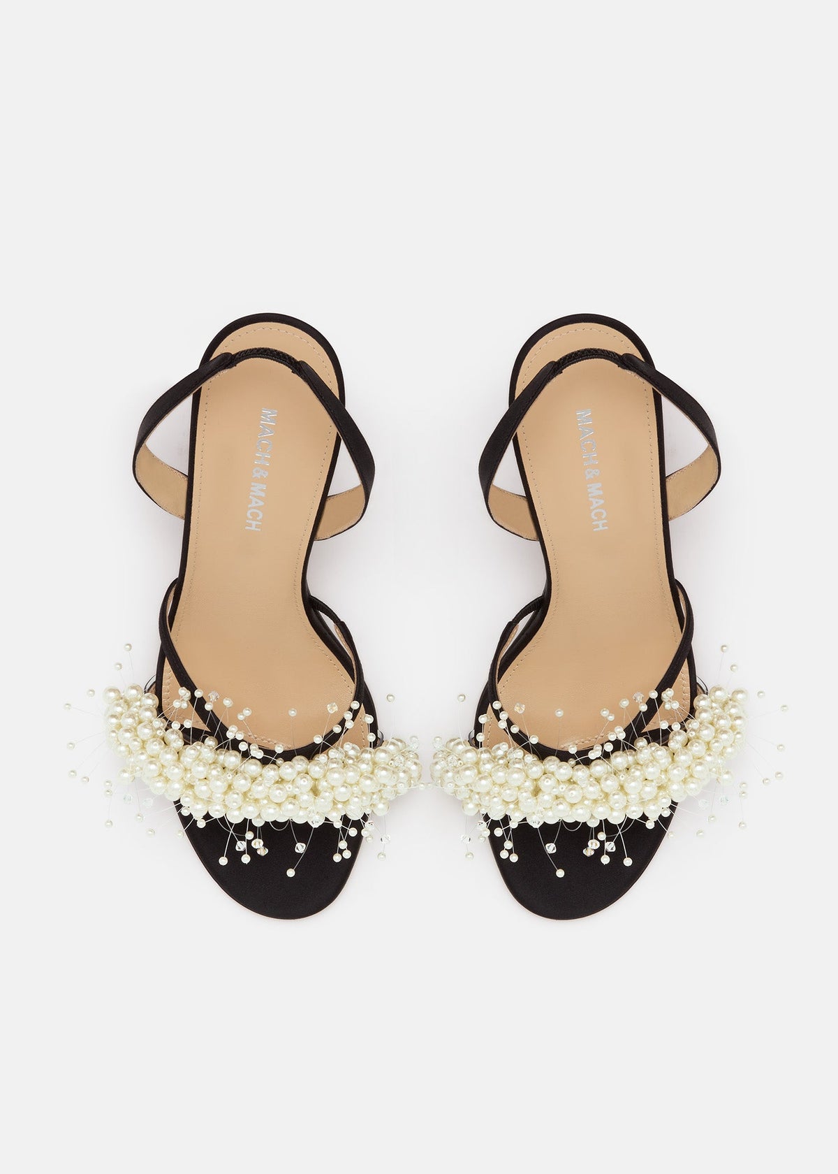 Callista Black Floating Pearl Sandals – crystal detail view showing floating pearl, satin, white, black, SimmiUnique