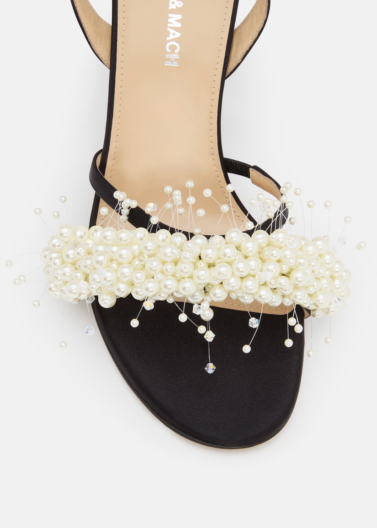 Callista Black Floating Pearl Sandals – rear view showing floating pearl, satin, white, black, SimmiUnique