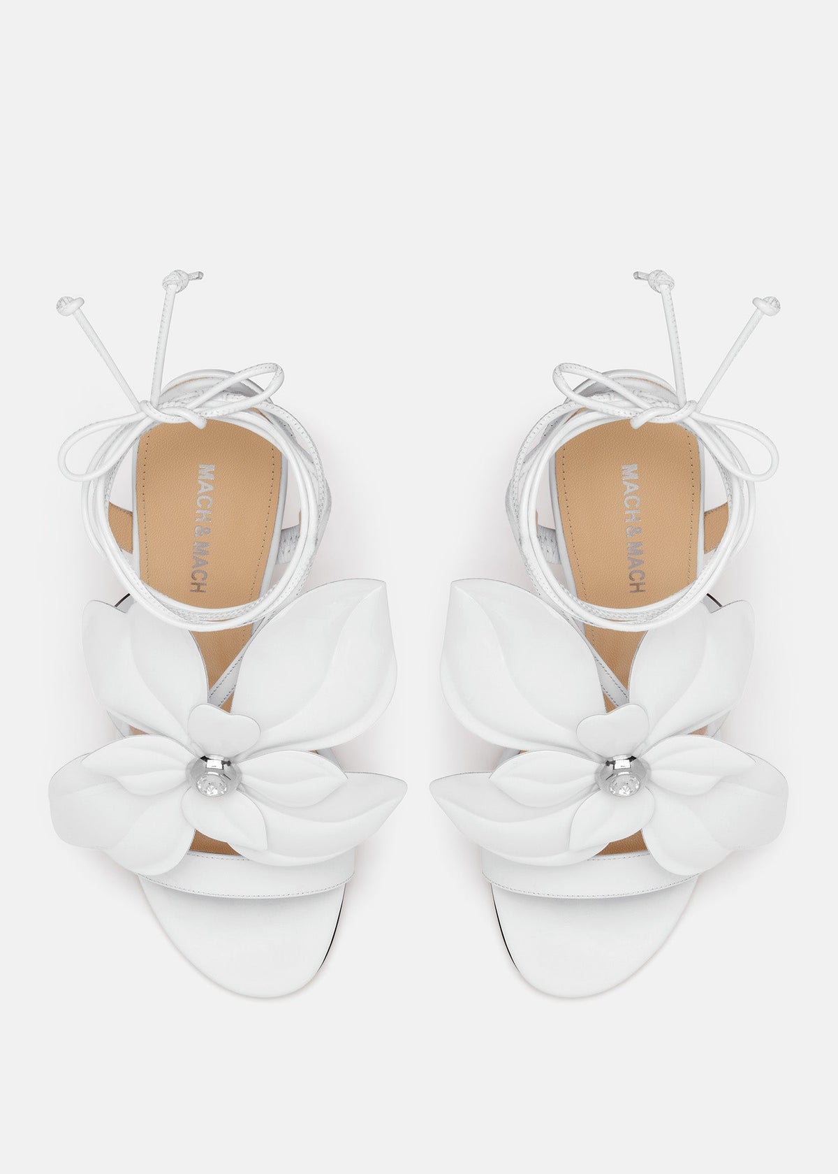 Amelie White Patent Leather Sandals – crystal detail view showing patent leather, white, SimmiUnique