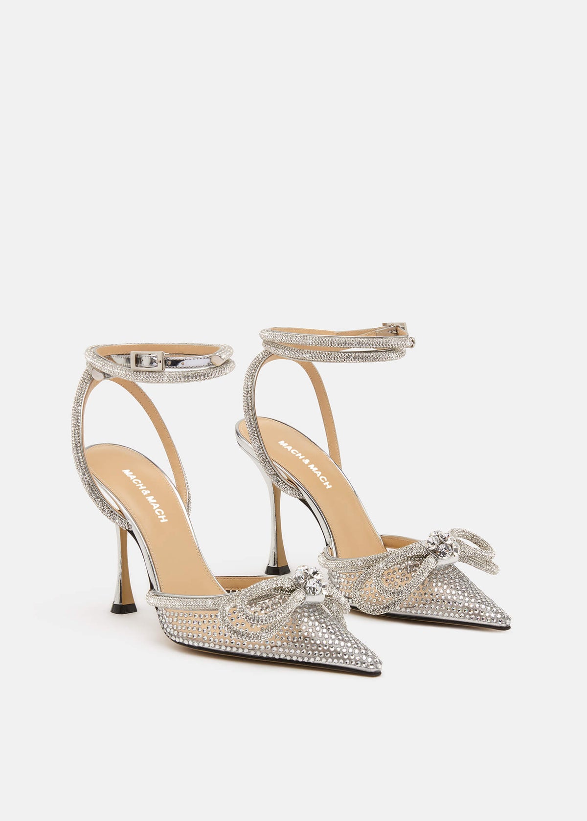 Willow Silver Double Bow Pumps – side profile showing double bow, crystal, satin, silver, SimmiUnique