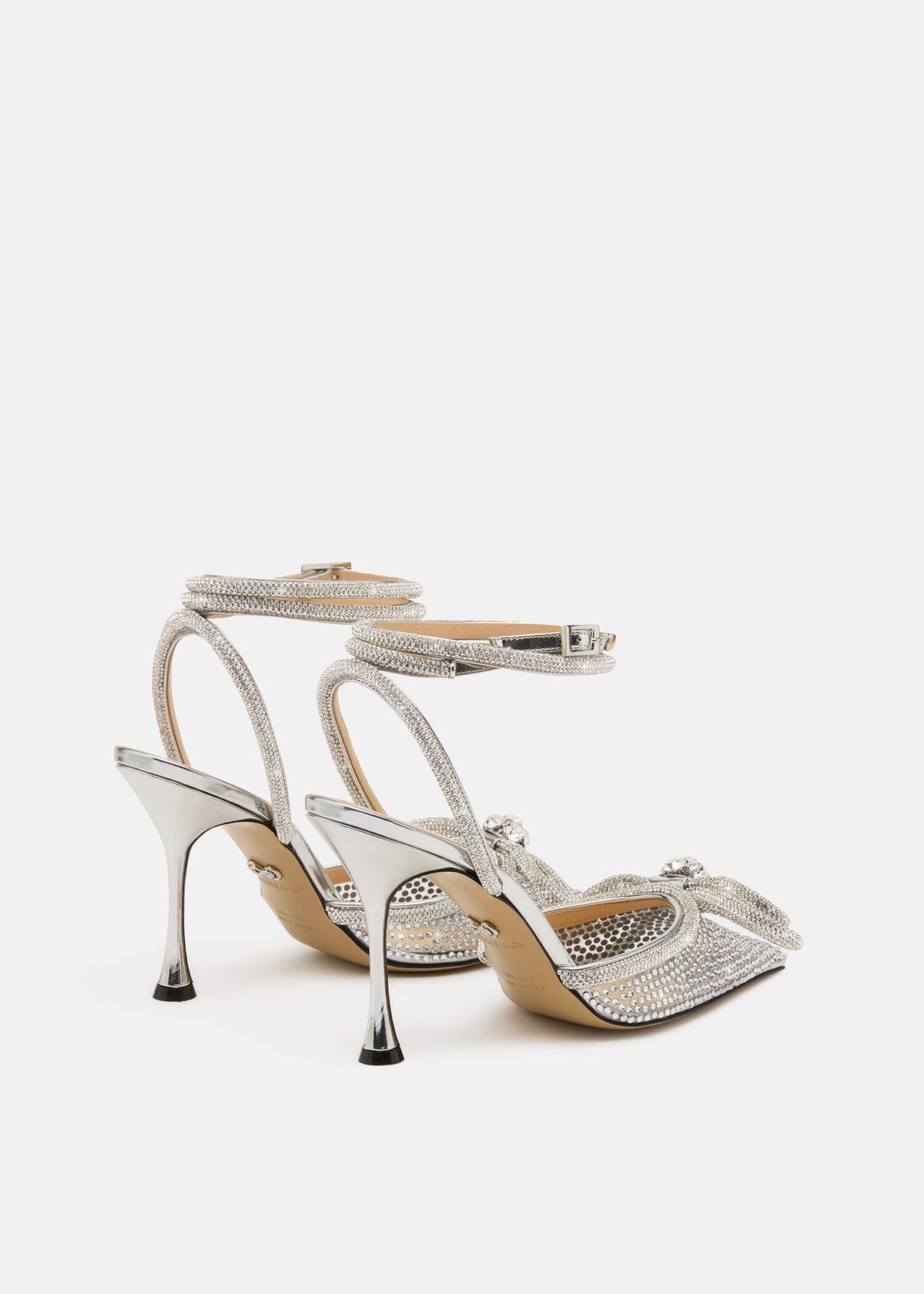 Willow Silver Double Bow Pumps – heel view showing double bow, crystal, satin, silver, SimmiUnique