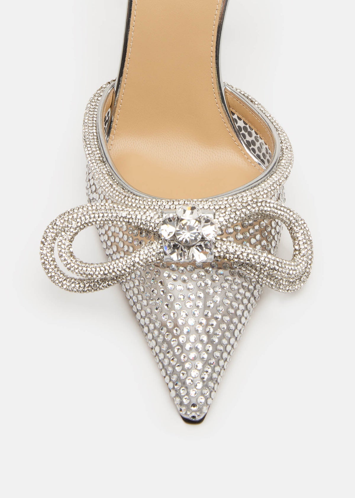 Willow Silver Double Bow Pumps – rear view showing double bow, crystal, satin, silver, SimmiUnique