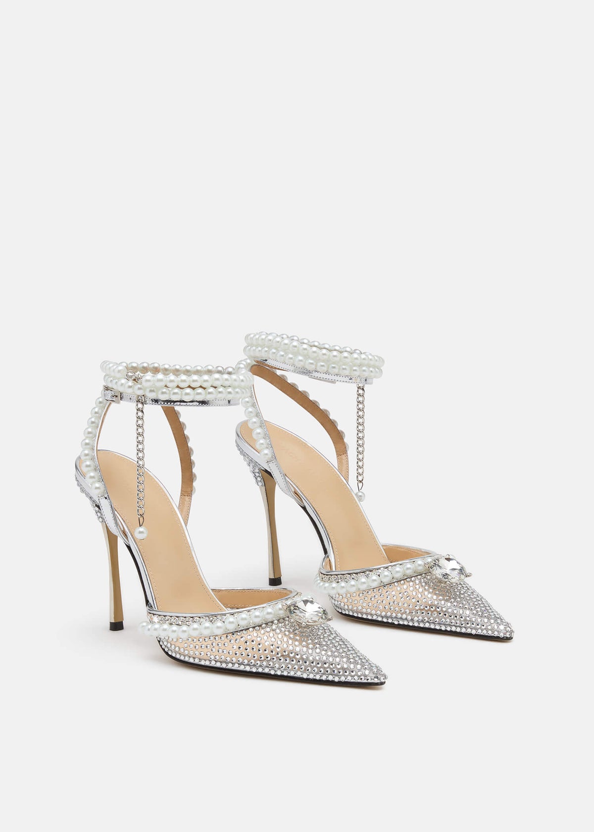 Hazel Silver Crystal Pumps – side profile showing crystal, pearl, metallic, red, SimmiUnique