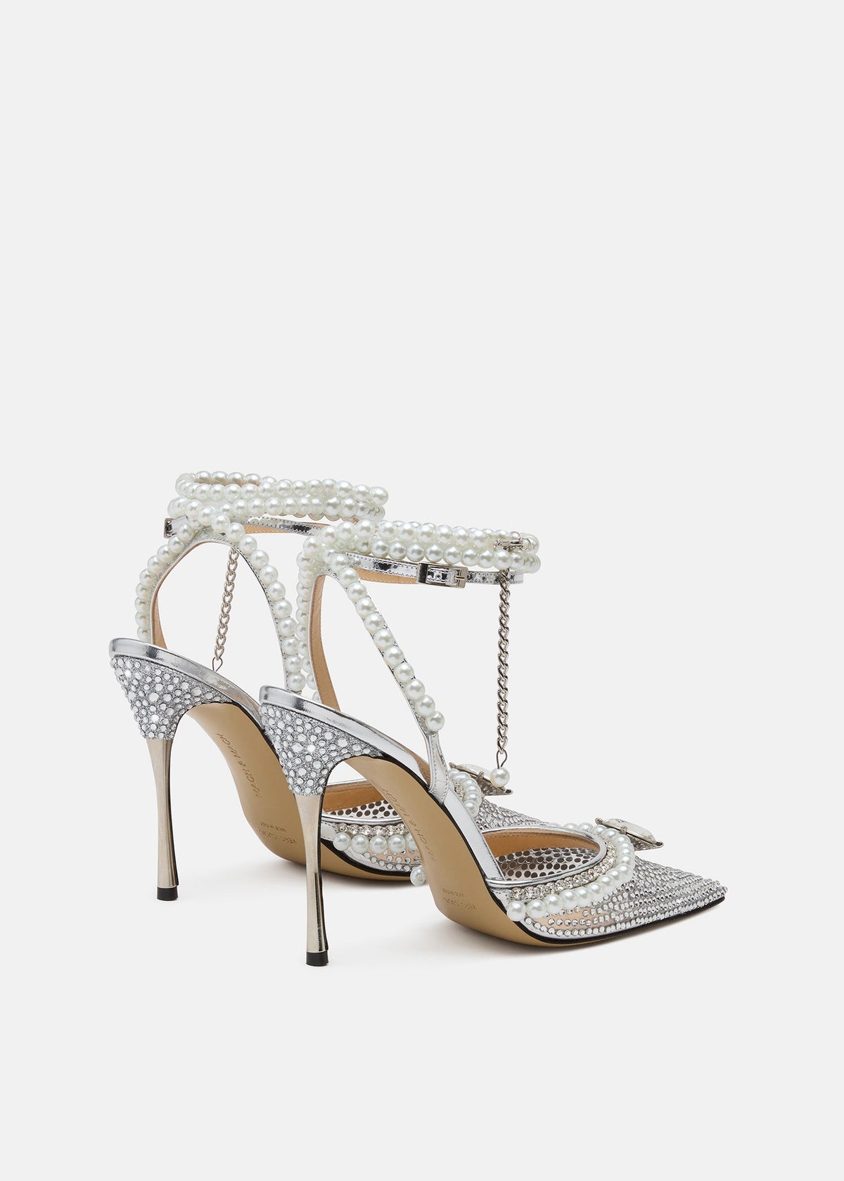 Hazel Silver Crystal Pumps – rear view showing crystal, pearl, metallic, red, SimmiUnique
