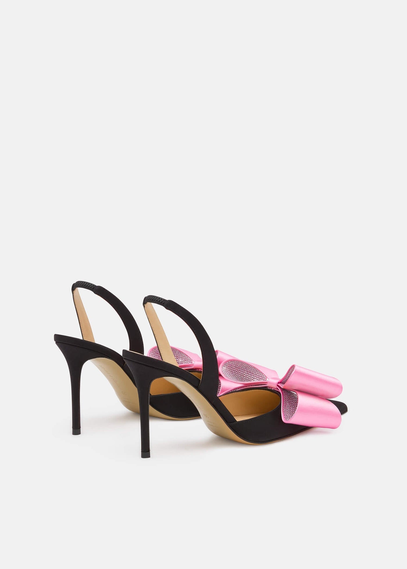 Bellezza Black / Pink Crystal Slingbacks – heel view showing crystal, satin, pink, black, SimmiUnique