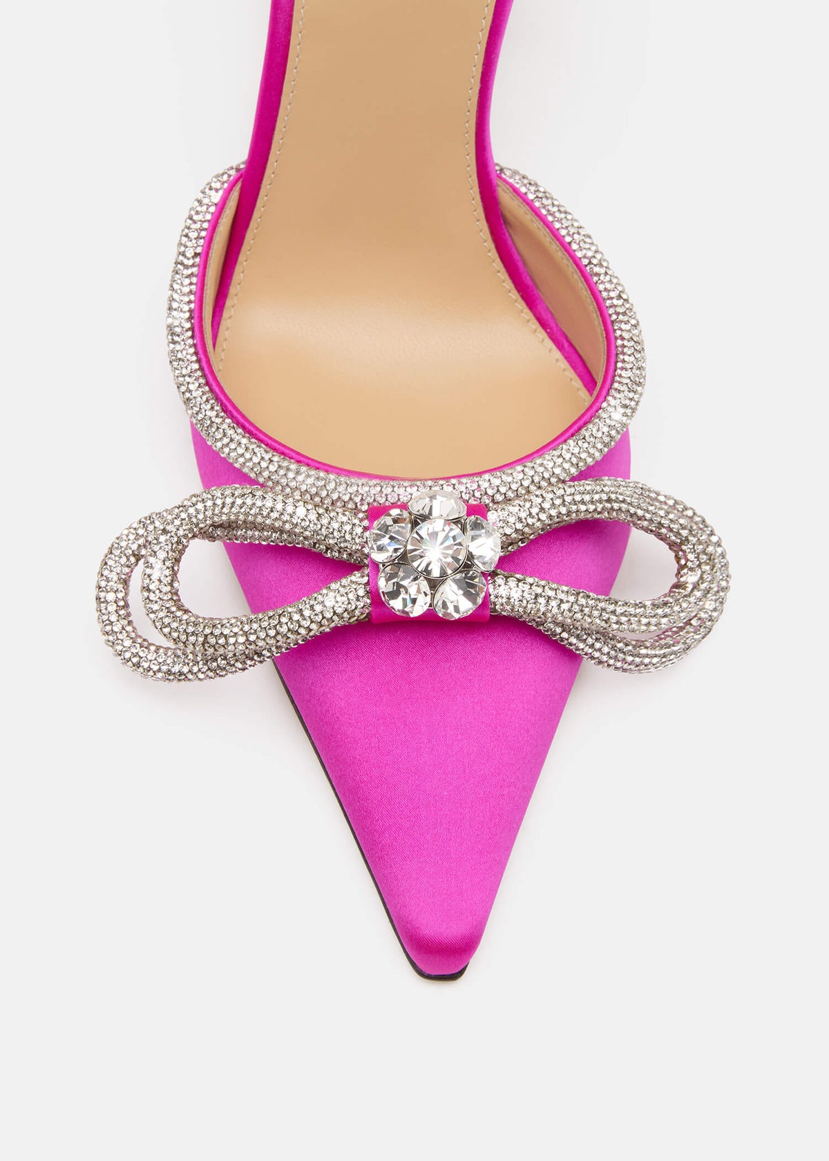 Selene Fuchsia Double Bow Pumps – rear view showing double bow, crystal, satin, red, SimmiUnique