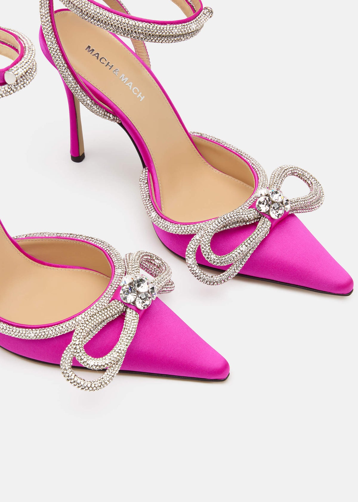 Selene Fuchsia Double Bow Pumps – top view showing double bow, crystal, satin, red, SimmiUnique