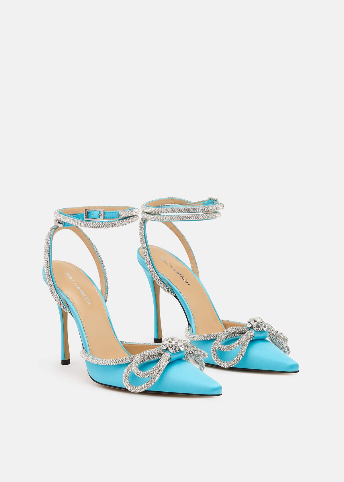 Romina Ocean Blue Double Bow Pumps – side profile showing double bow, crystal, satin, blue, SimmiUnique