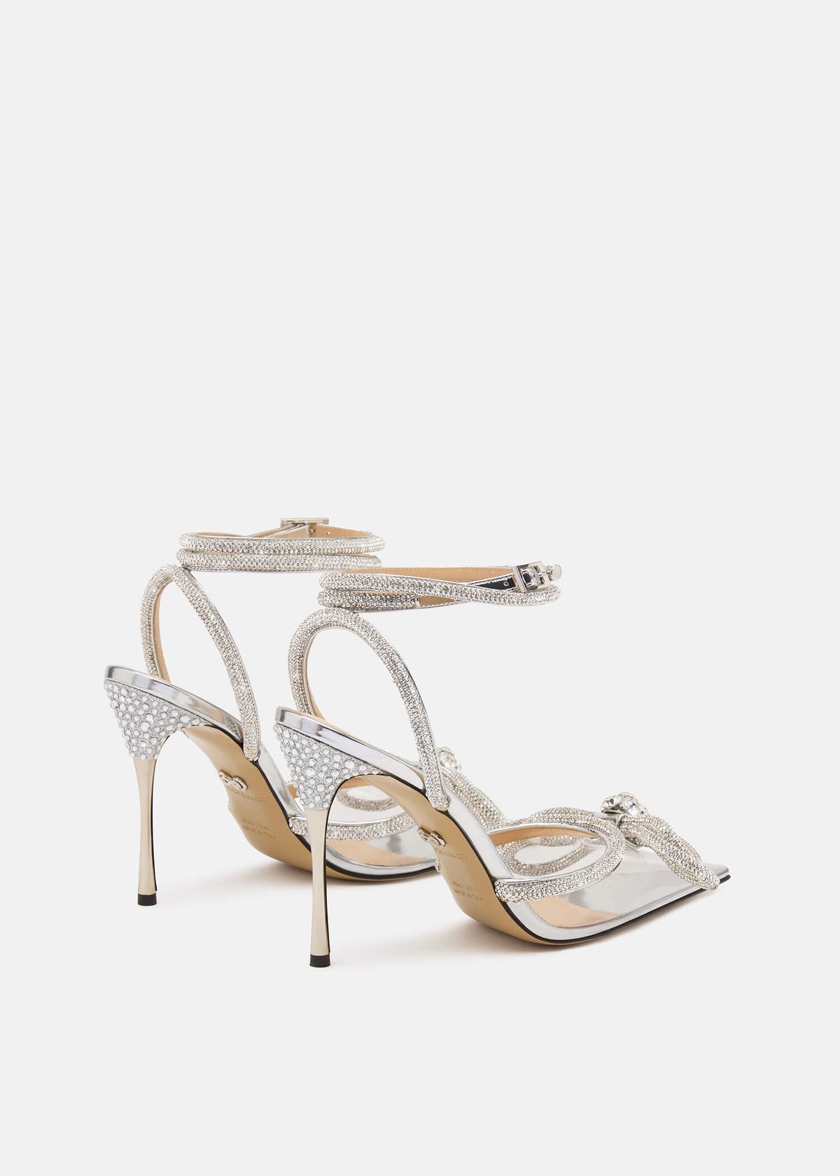 Penelope Silver Double Bow Pumps – heel view showing double bow, crystal, satin, silver, SimmiUnique
