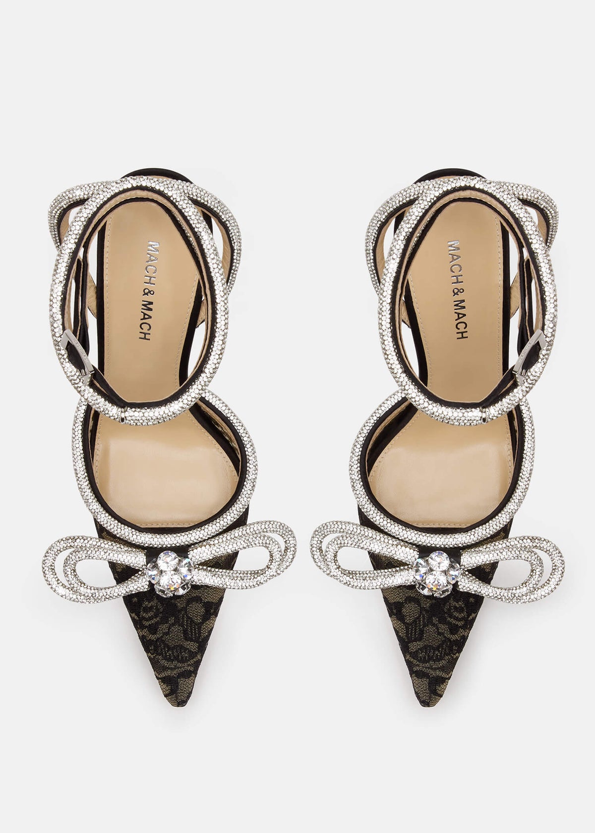 Olympia Black Double Bow Pumps – crystal detail view showing double bow, crystal, lace, black, SimmiUnique