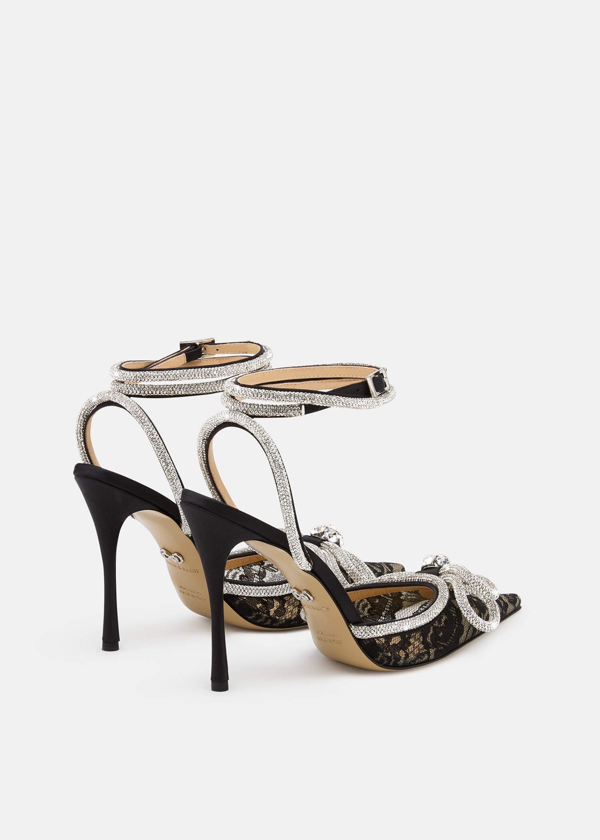 Olympia Black Double Bow Pumps – heel view showing double bow, crystal, lace, black, SimmiUnique