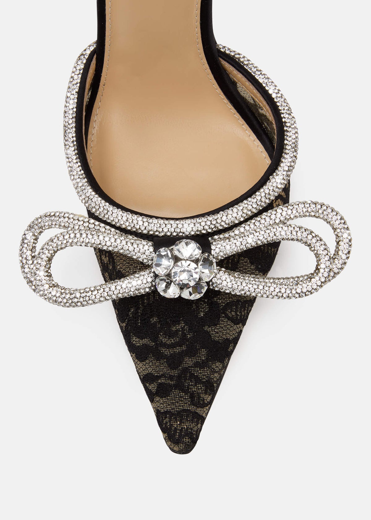 Olympia Black Double Bow Pumps – rear view showing double bow, crystal, lace, black, SimmiUnique