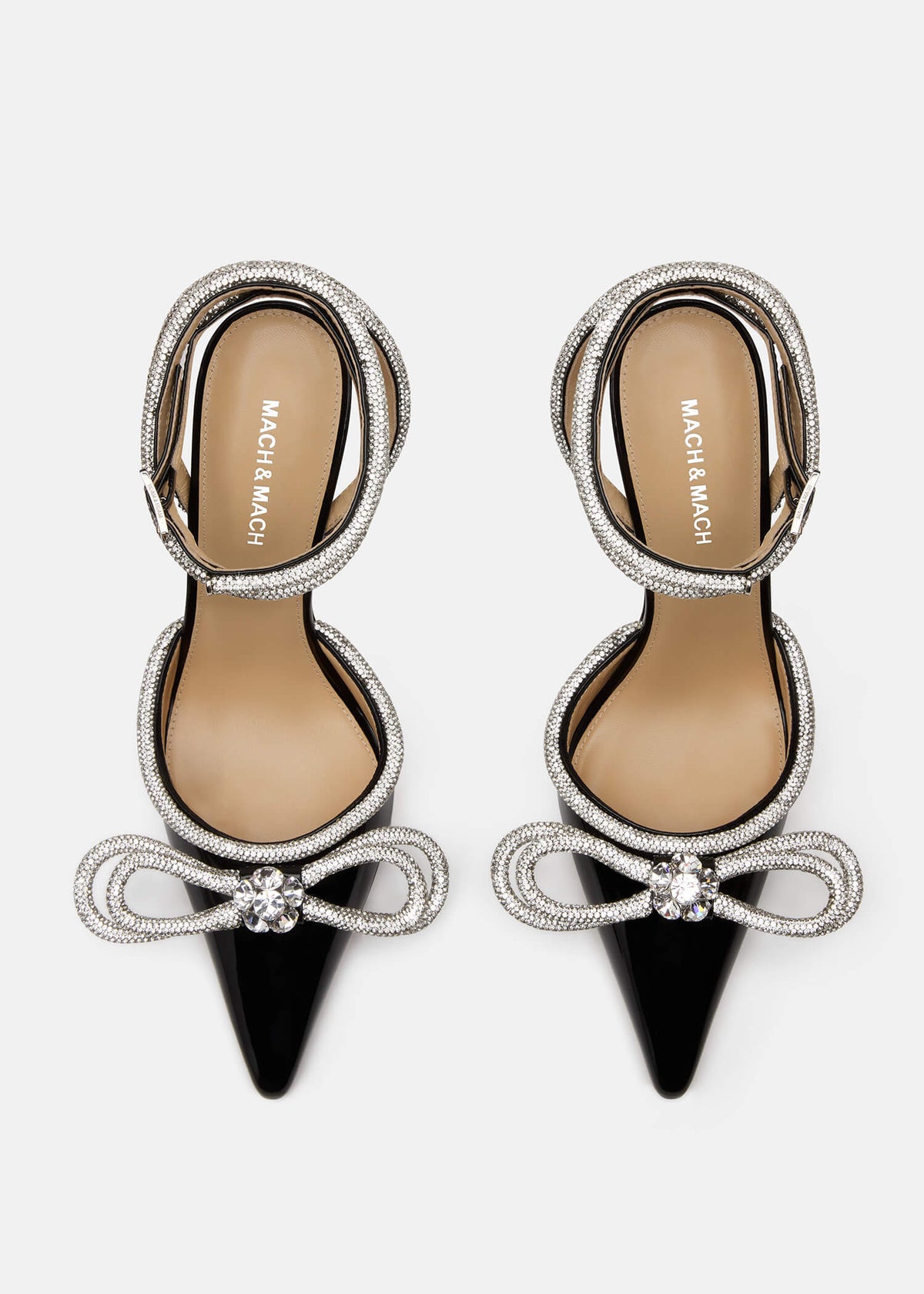 Nadia Black Double Bow Pumps – crystal detail view showing double bow, crystal, patent leather, black, SimmiUnique