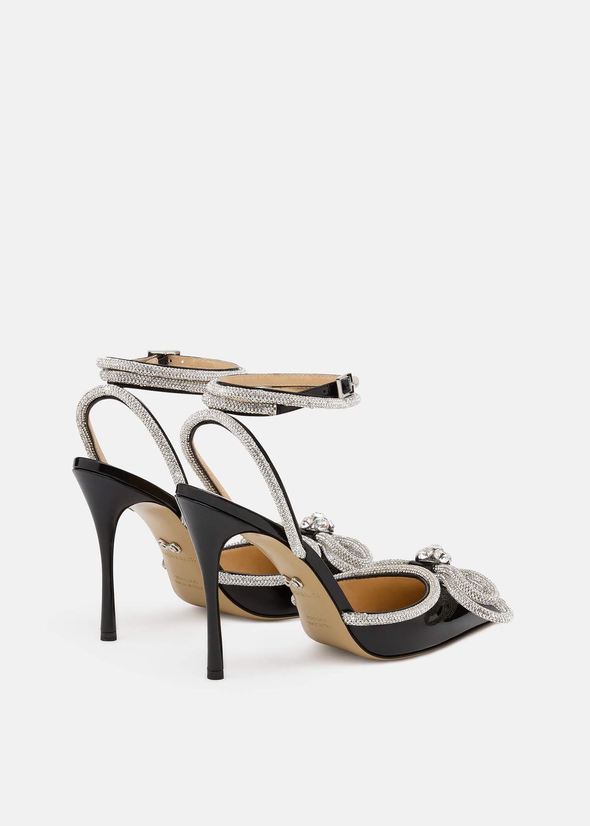 Nadia Black Double Bow Pumps – heel view showing double bow, crystal, patent leather, black, SimmiUnique