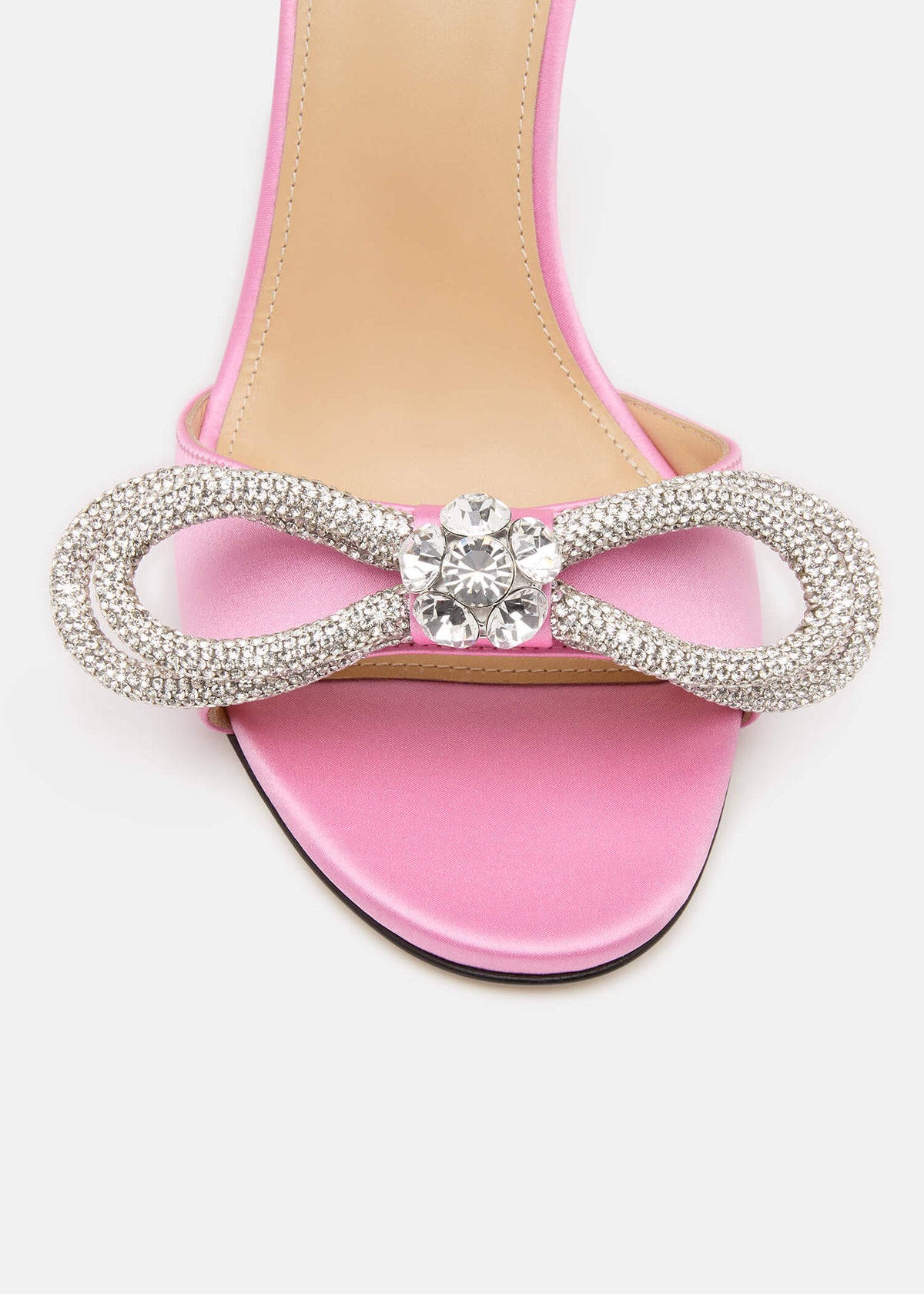 Katerina Pink Double Bow Mules – rear view showing double bow, crystal, satin, pink, SimmiUnique