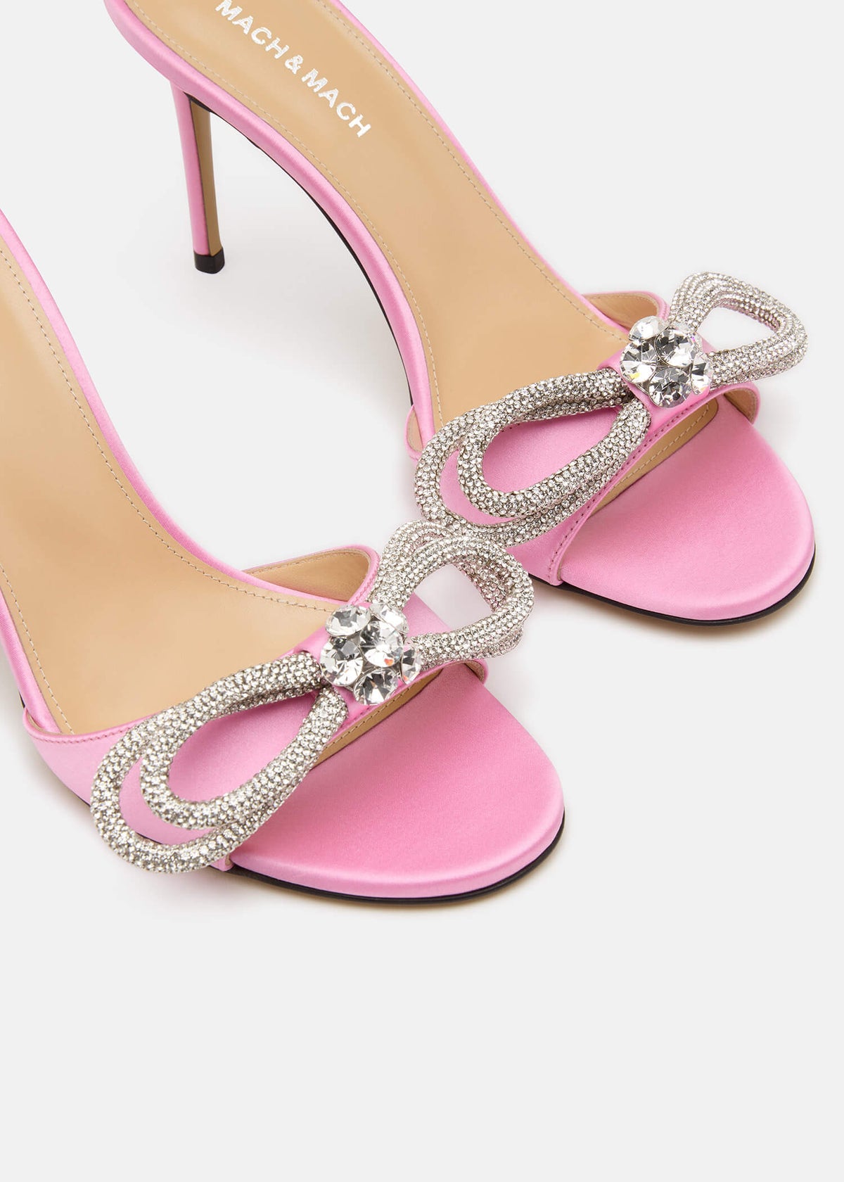 Katerina Pink Double Bow Mules – top view showing double bow, crystal, satin, pink, SimmiUnique