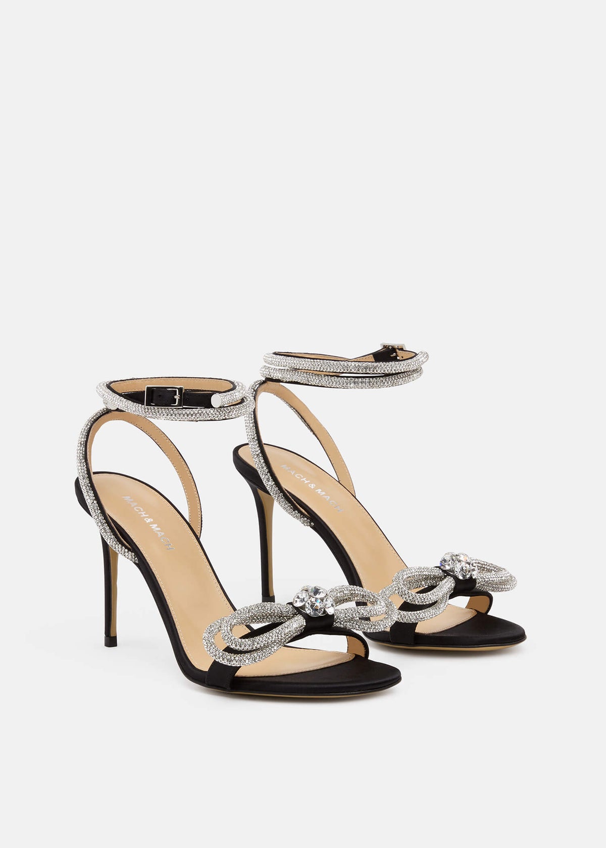 Harmony Black Double Bow Sandals – side profile showing double bow, crystal, satin, black, SimmiUnique