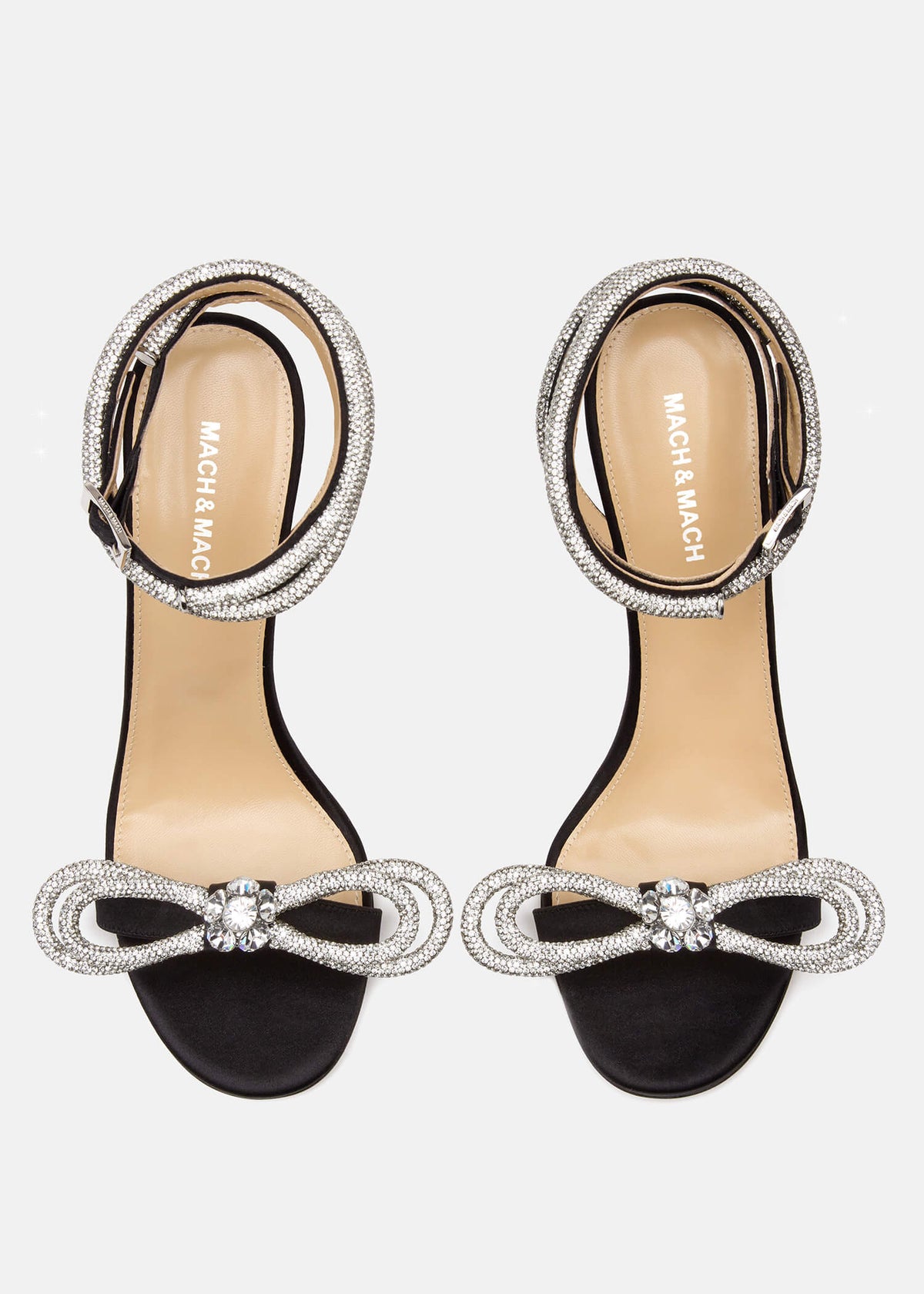 Harmony Black Double Bow Sandals – crystal detail view showing double bow, crystal, satin, black, SimmiUnique