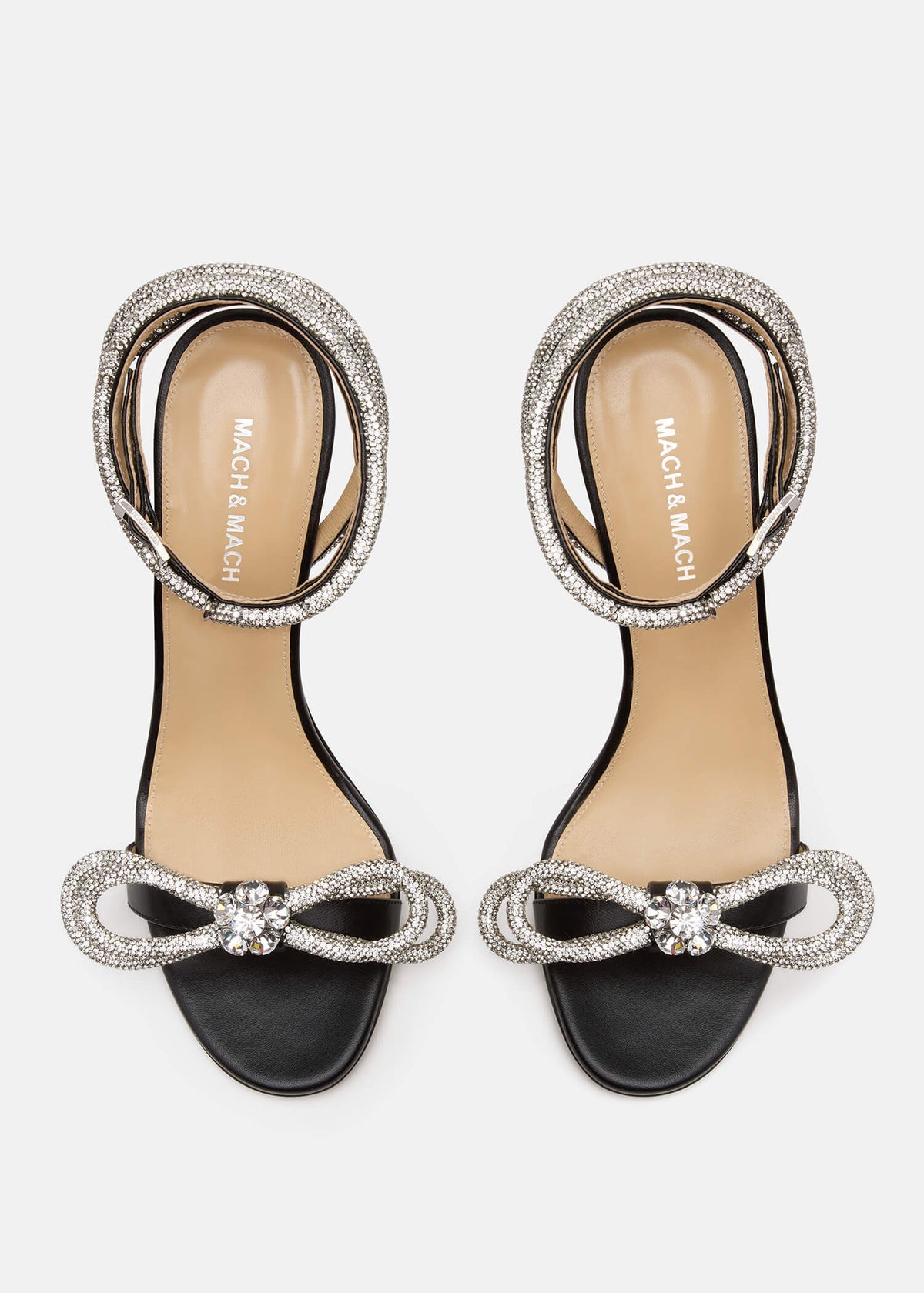 Felicity Black Double Bow Sandals – crystal detail view showing double bow, crystal, black, SimmiUnique