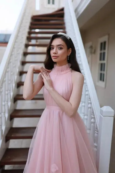 Rose Powder Pink Special Design Tulle Evening Dress for weddings