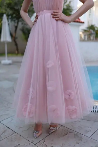 Rose Powder Pink Special Design Tulle Evening Dress – close-up