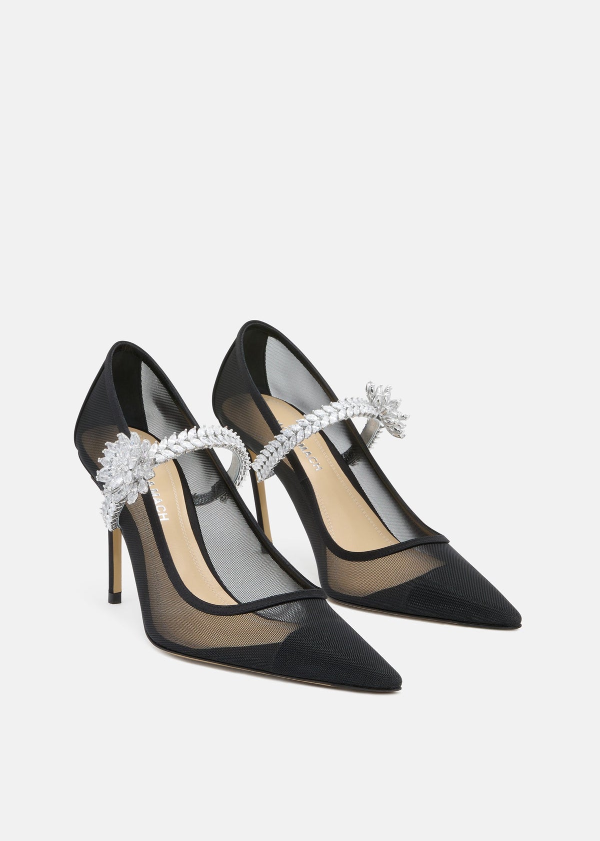 Noelle Black Lotus Flower Pumps – side profile showing lotus flower, crystal, mesh, black, SimmiUnique