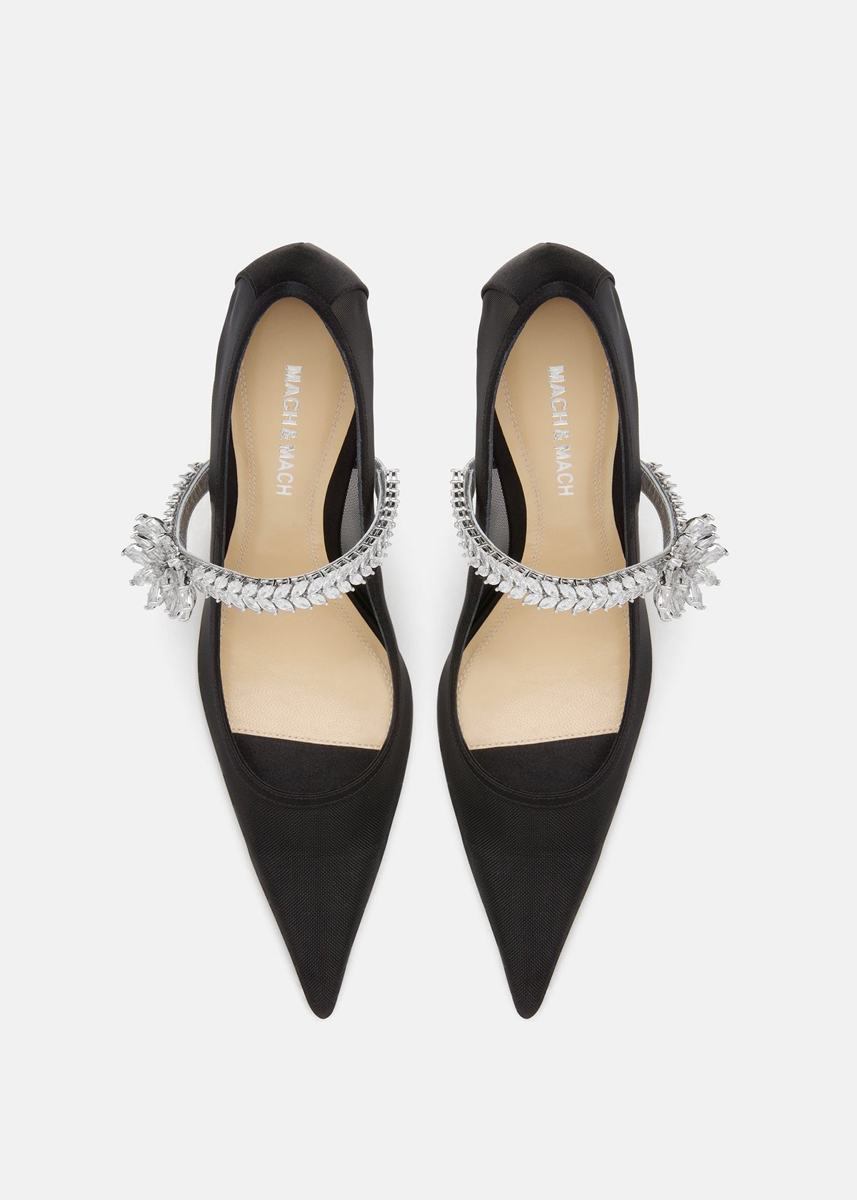 Noelle Black Lotus Flower Pumps – crystal detail view showing lotus flower, crystal, mesh, black, SimmiUnique