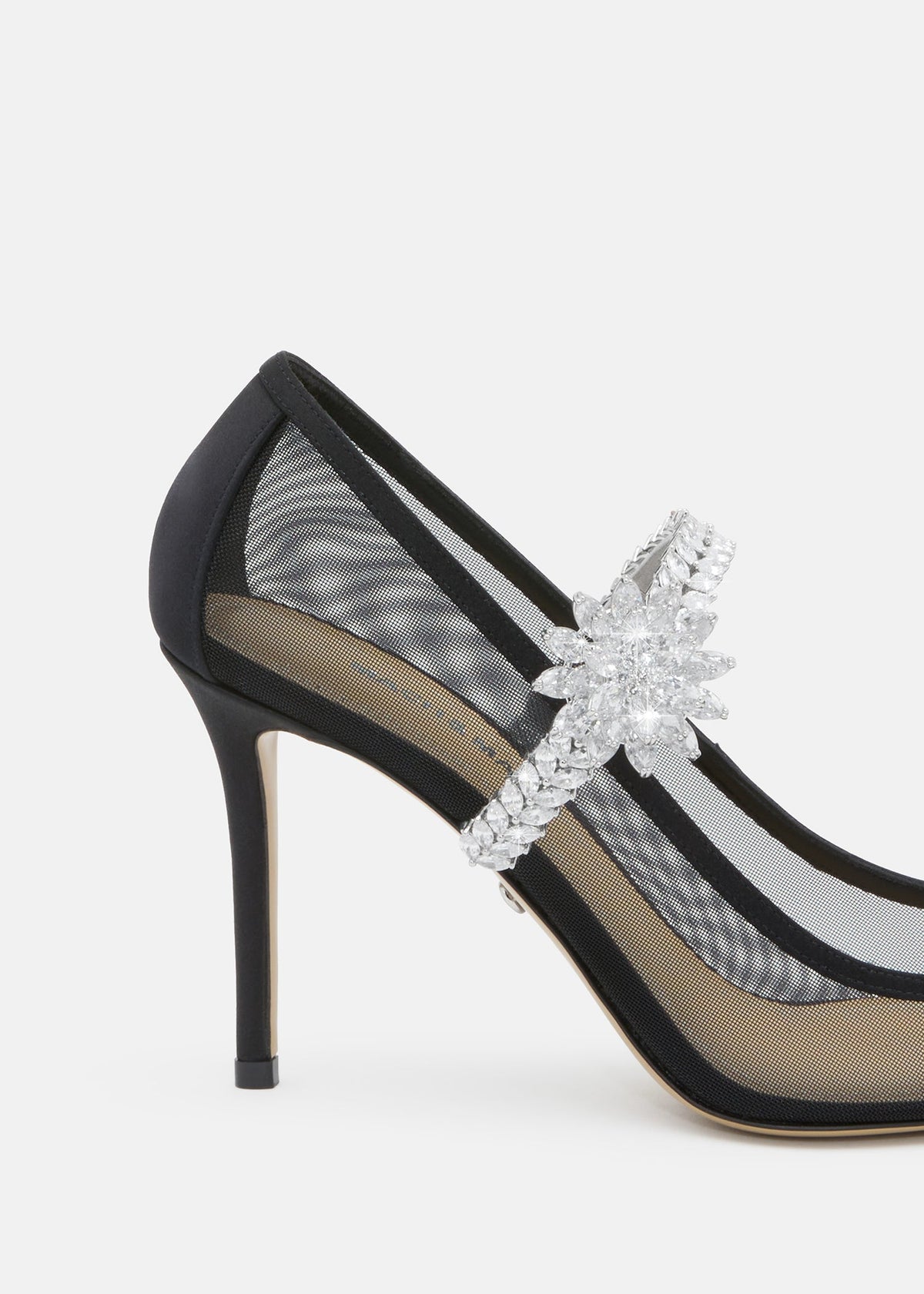 Noelle Black Lotus Flower Pumps – rear view showing lotus flower, crystal, mesh, black, SimmiUnique