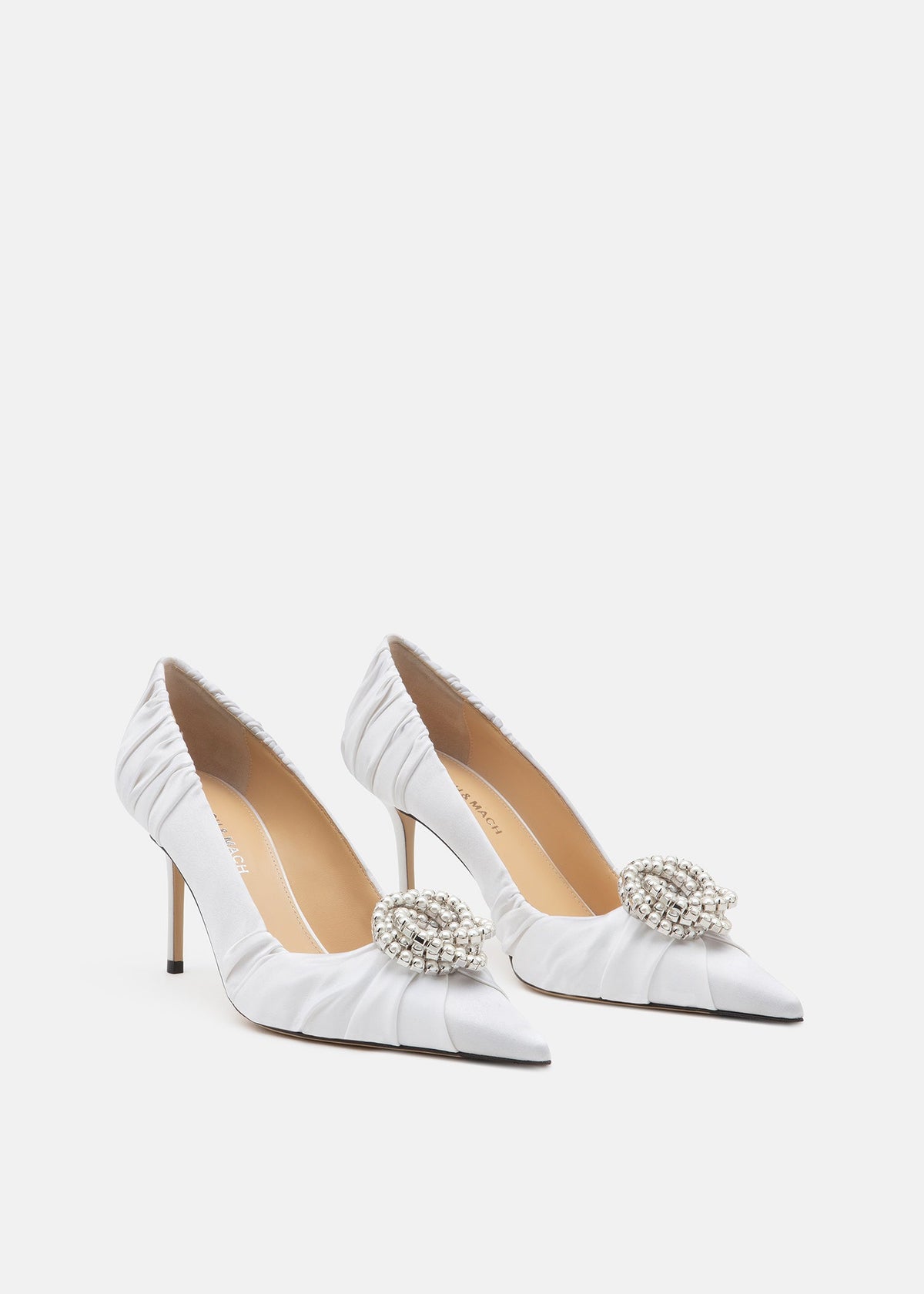 Annabelle White Crystal Pumps – side profile showing crystal, satin, white, SimmiUnique