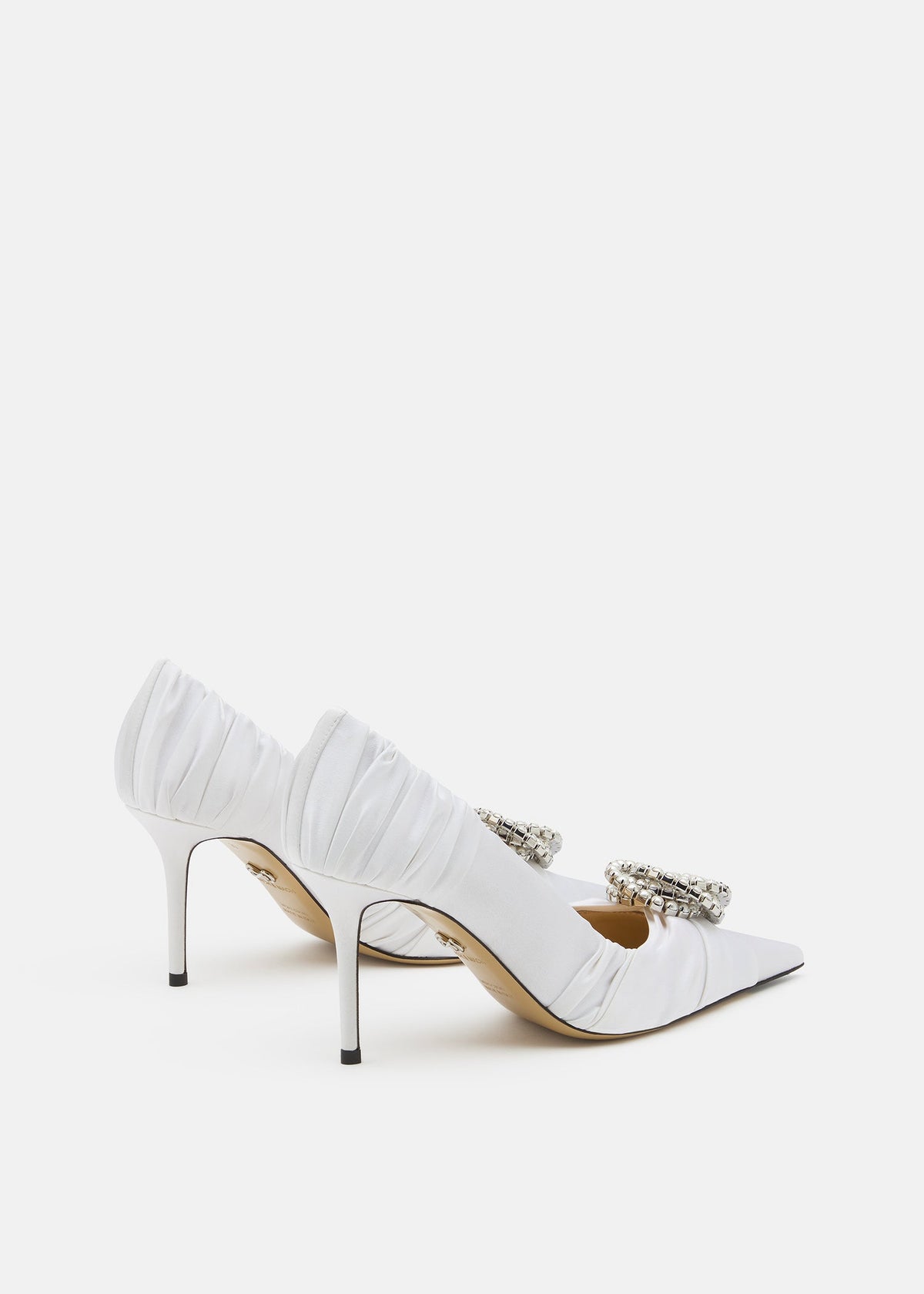 Annabelle White Crystal Pumps – heel view showing crystal, satin, white, SimmiUnique