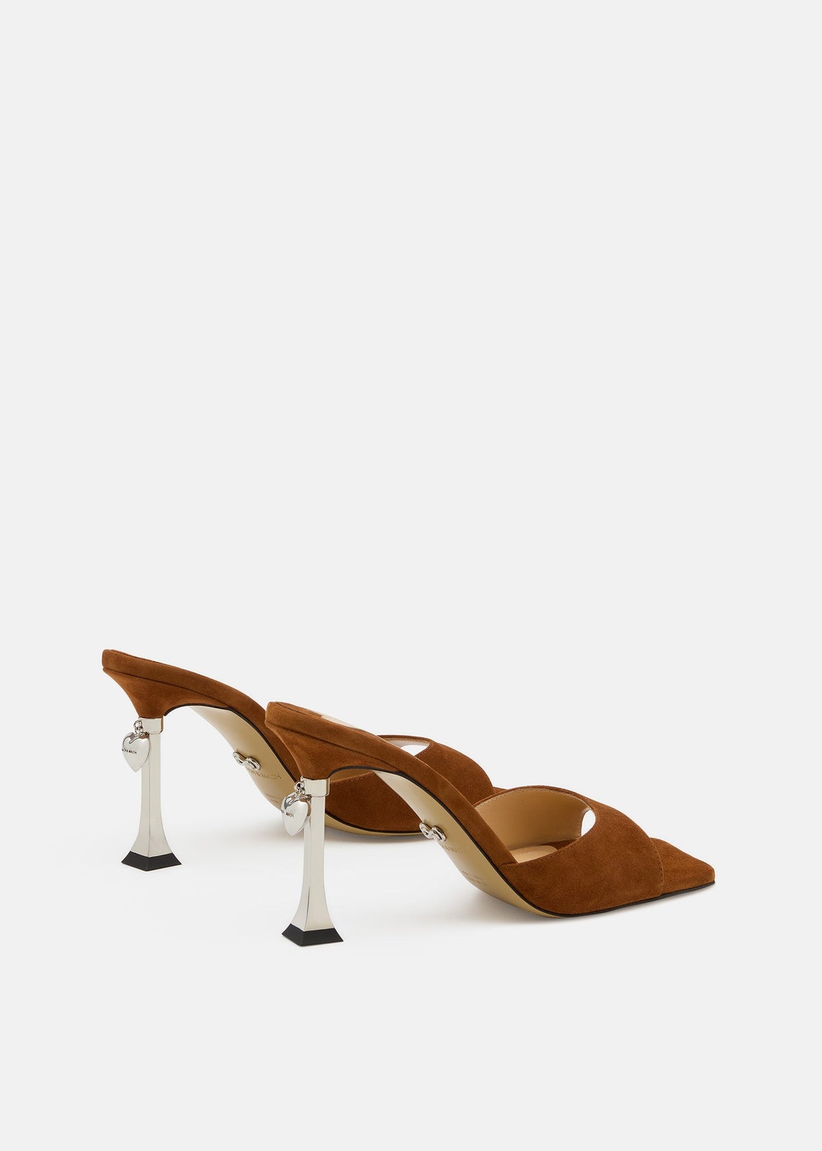 Coralie Light Brown Suede Mules – heel view showing suede, metallic, red, brown, SimmiUnique