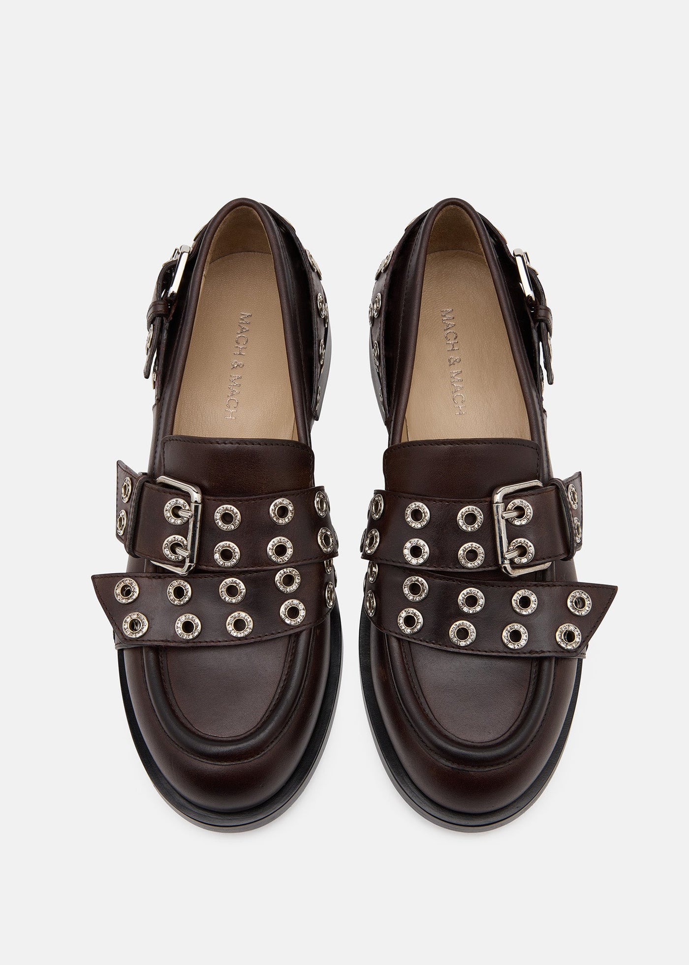 Bianca Brown Red Loafers – crystal detail view showing red, SimmiUnique