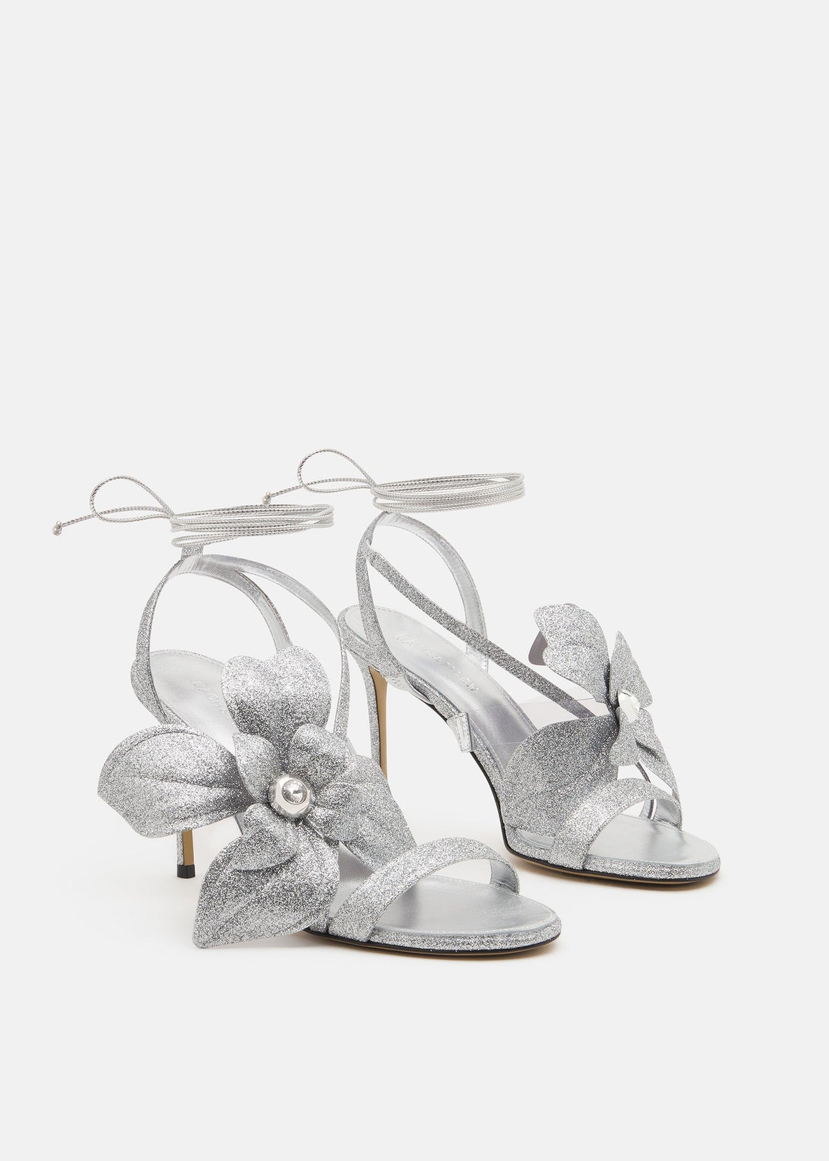 Ophelia Silver Double Bow Sandals – side profile showing double bow, glitter, silver, SimmiUnique