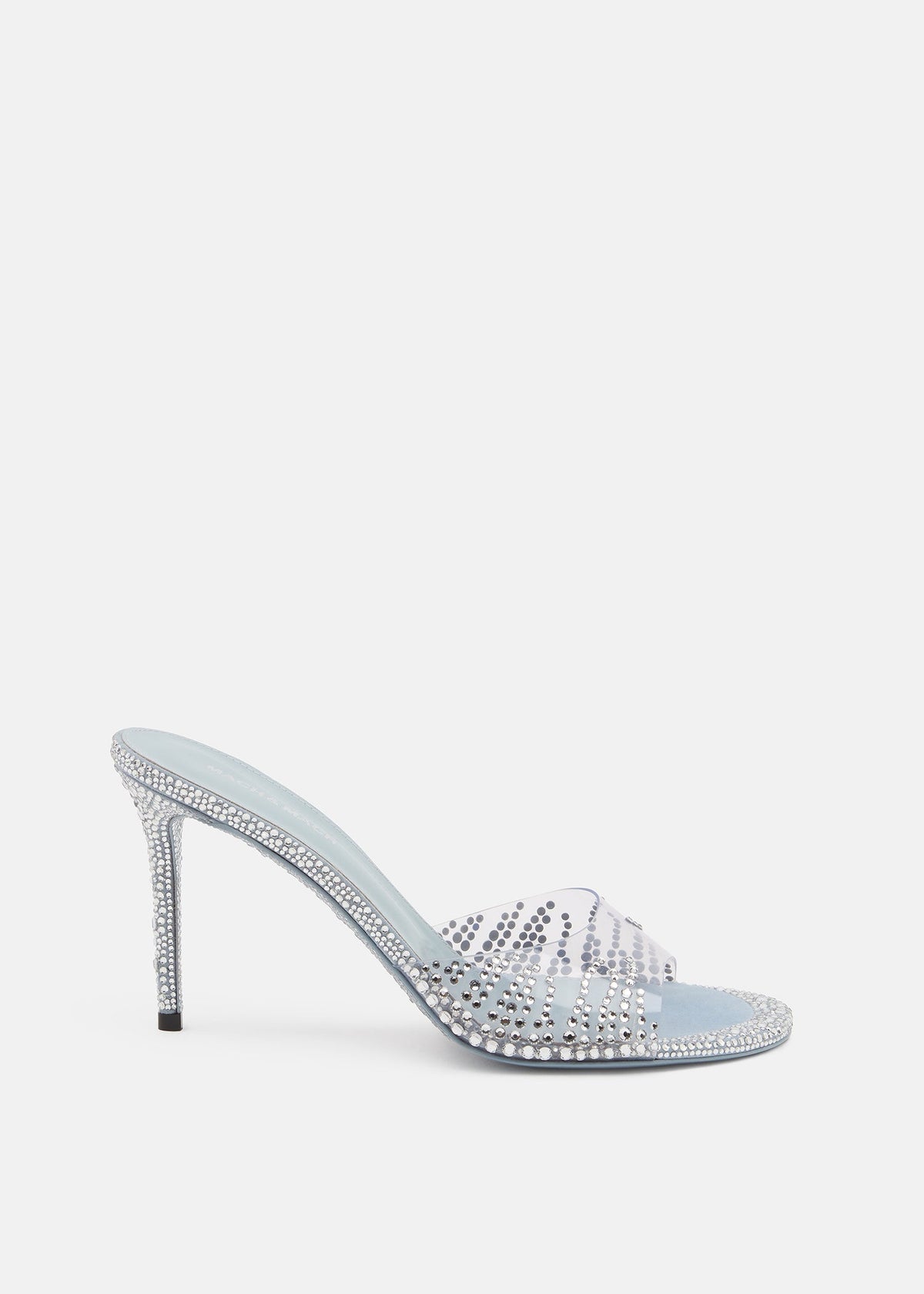 Lunette Grey Crystal Flame Mules – front three-quarter view showing crystal flame, metallic, SimmiUnique
