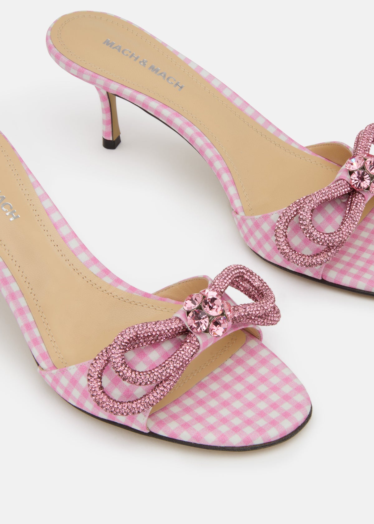 Evangeline Pink Double Bow Mules – crystal detail view showing double bow, pink, SimmiUnique
