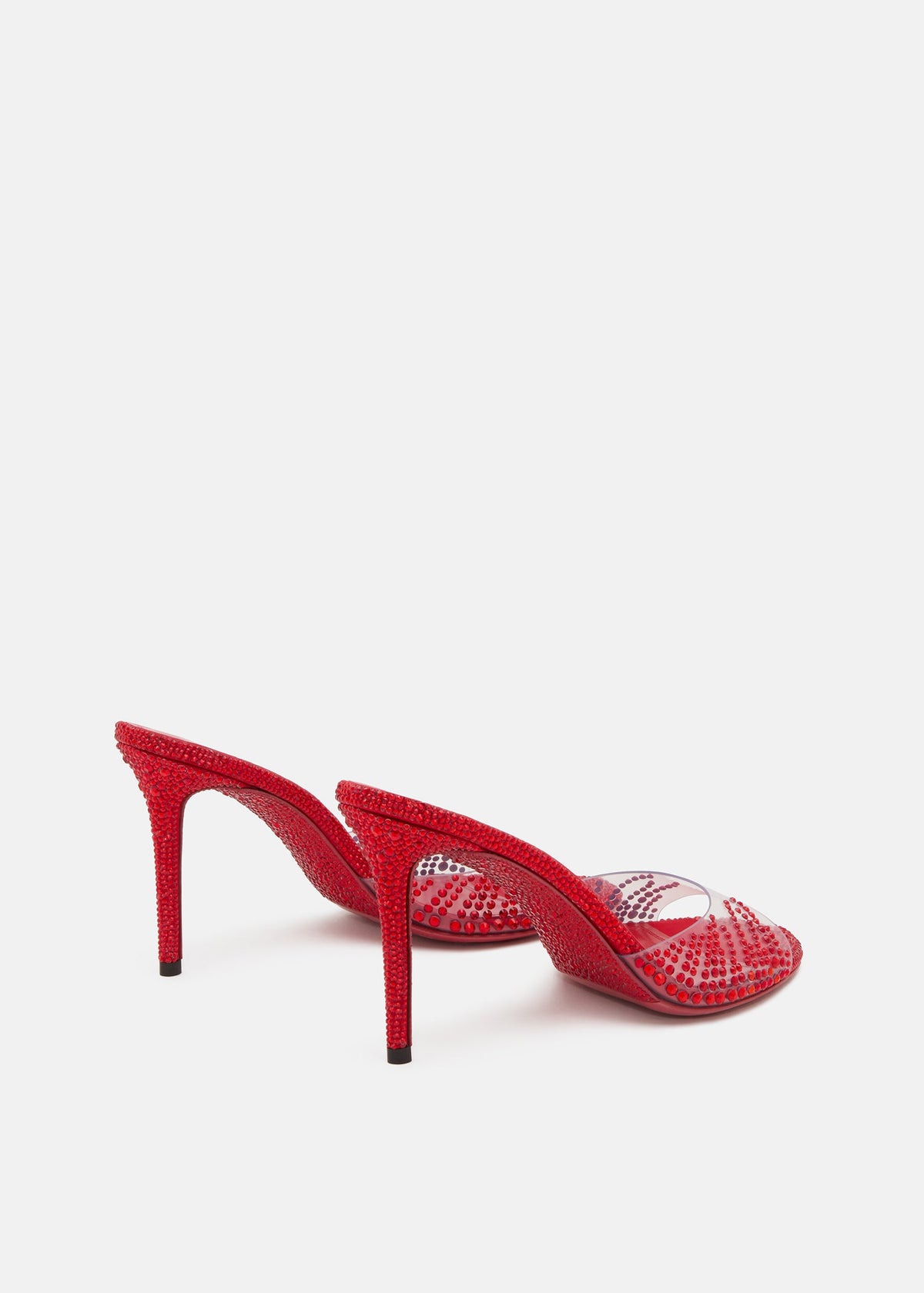 Juliette Red Crystal Flame Mules – heel view showing crystal flame, red, SimmiUnique