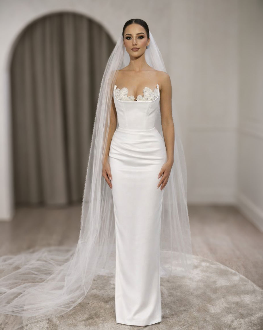 Ivory Lace-Trim Corset Bridal Gown with Straight Column Silhouette - SimmiUnique