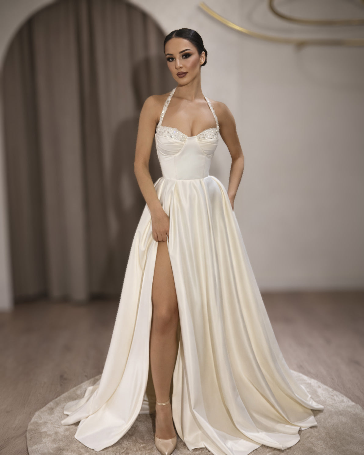 Ivory Halter Corset Bridal Gown with Flowing Skirt and High Slit - SimmiUnique