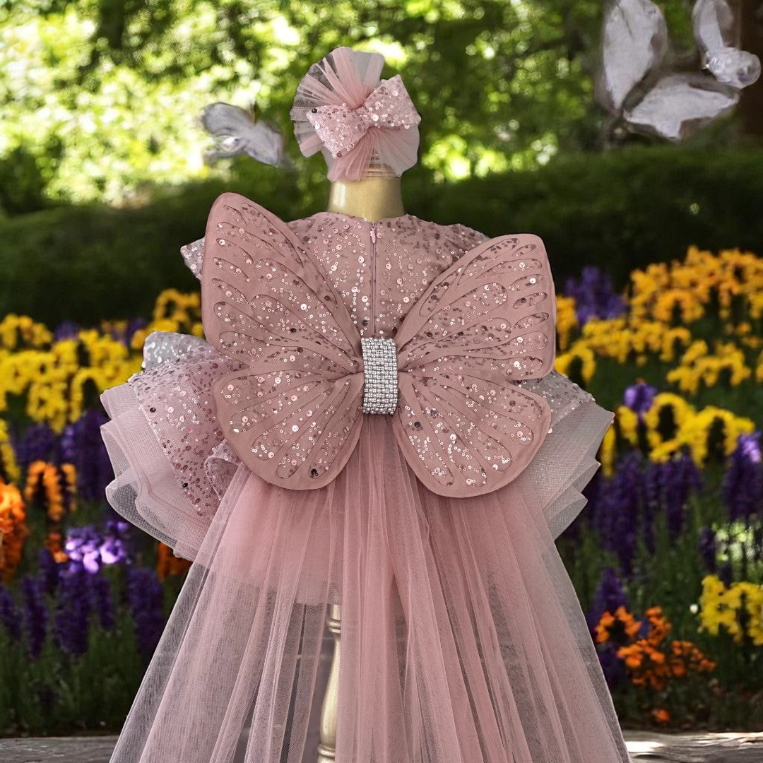 Shiny White Butterfly Dress - Special Design Girl's Evening Dress – detail shot