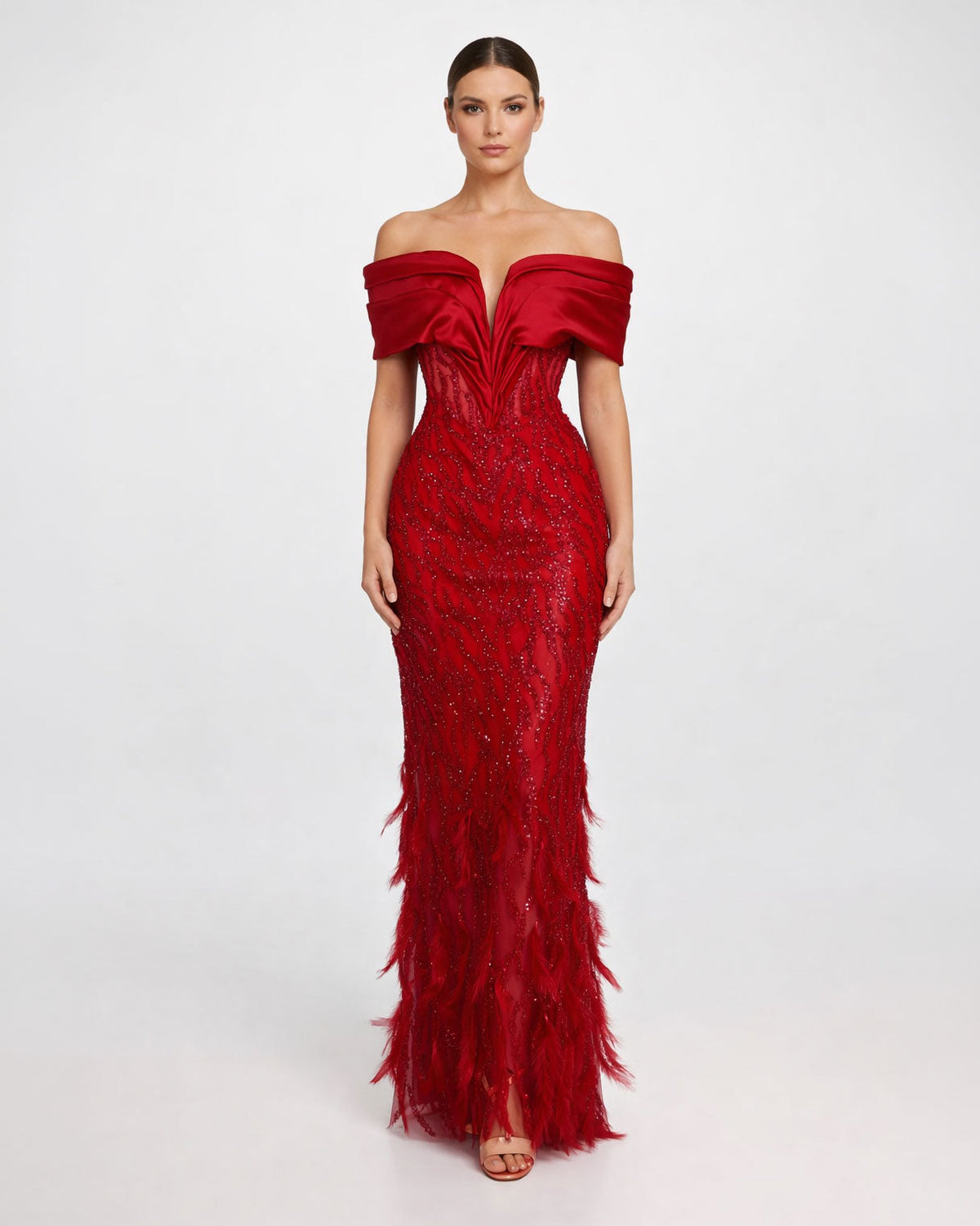 Red Off-Shoulder Embellished Evening Gown - SimmiUnique