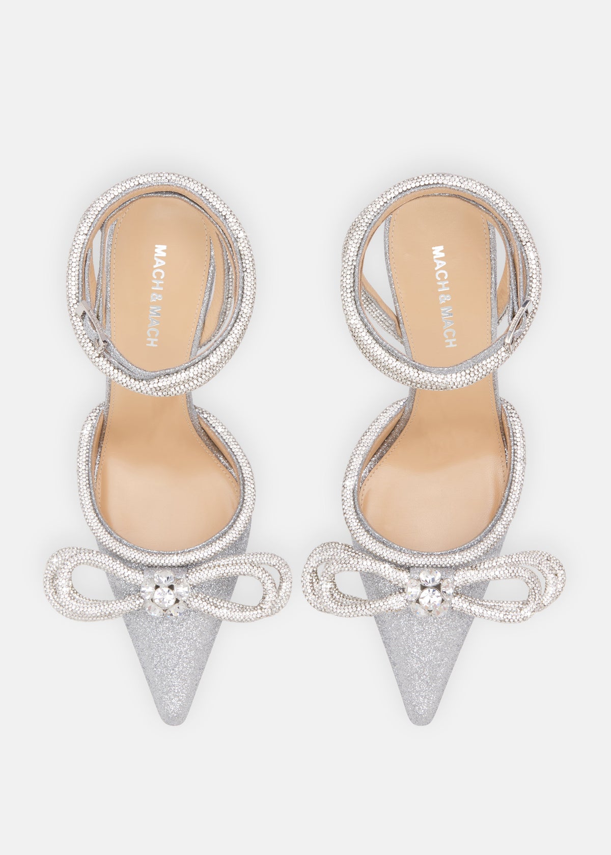 Odette Silver Double Bow Pumps – crystal detail view showing double bow, crystal, glitter, silver, SimmiUnique